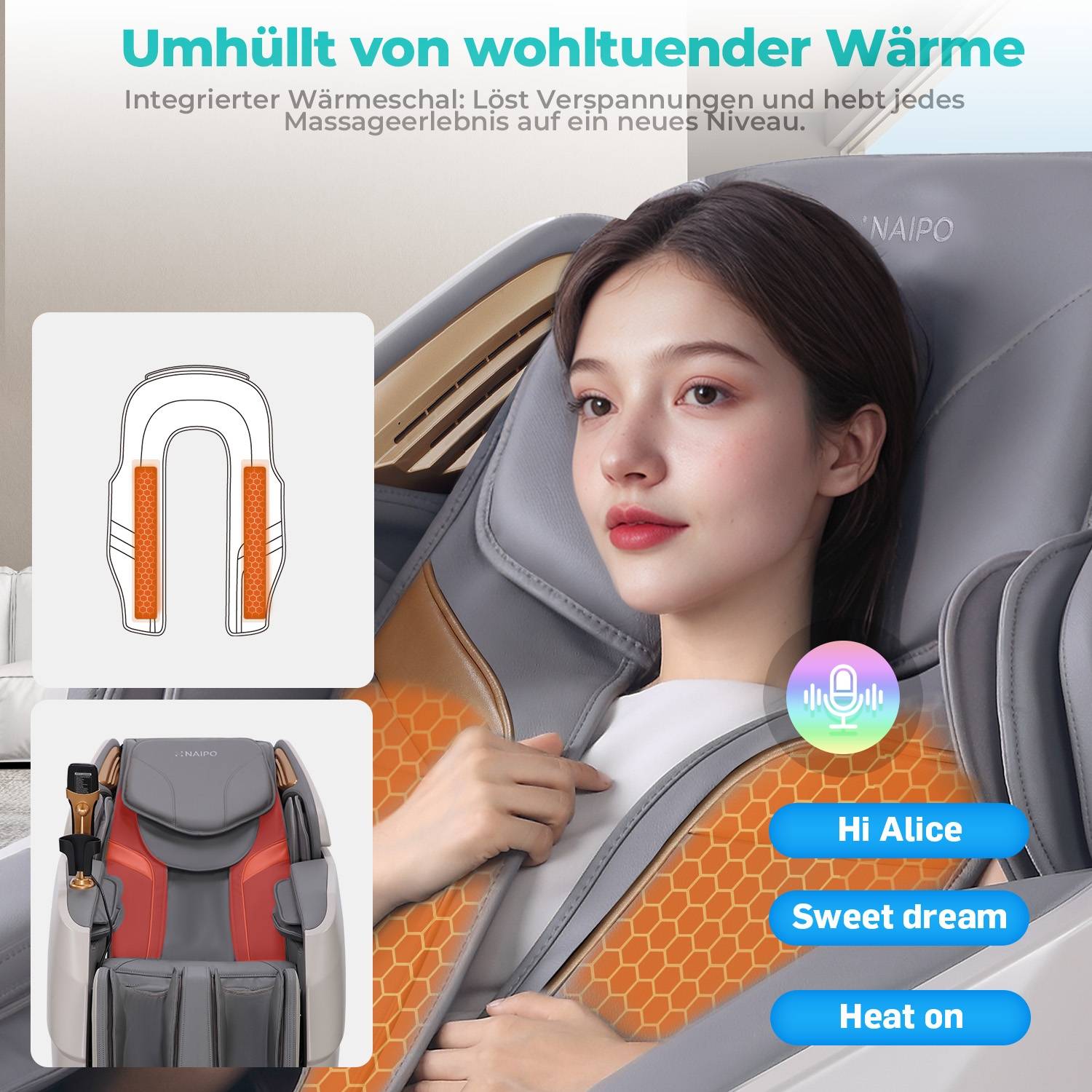 Naipo 3D Massagesessel R50 weiß, High-End Massagestuhl, Wärmefuktion, Grau