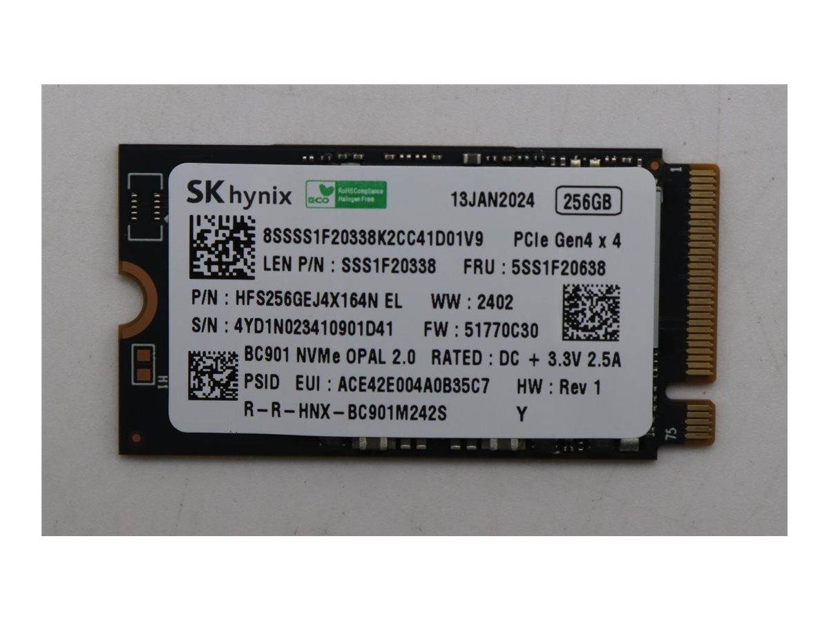 Eine Nahaufnahme einer SK Hynix SSD mit einer Kapazität von 256GB. Das Etikett zeigt die Modellnummer, Seriennummer und technische Spezifikationen an.