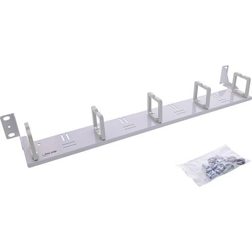 Rack-montierter Kabelorganizer mit fünf Metallschlaufen zur Kabelverwaltung, inklusive eines durchsichtigen Beutels mit Befestigungsschrauben.