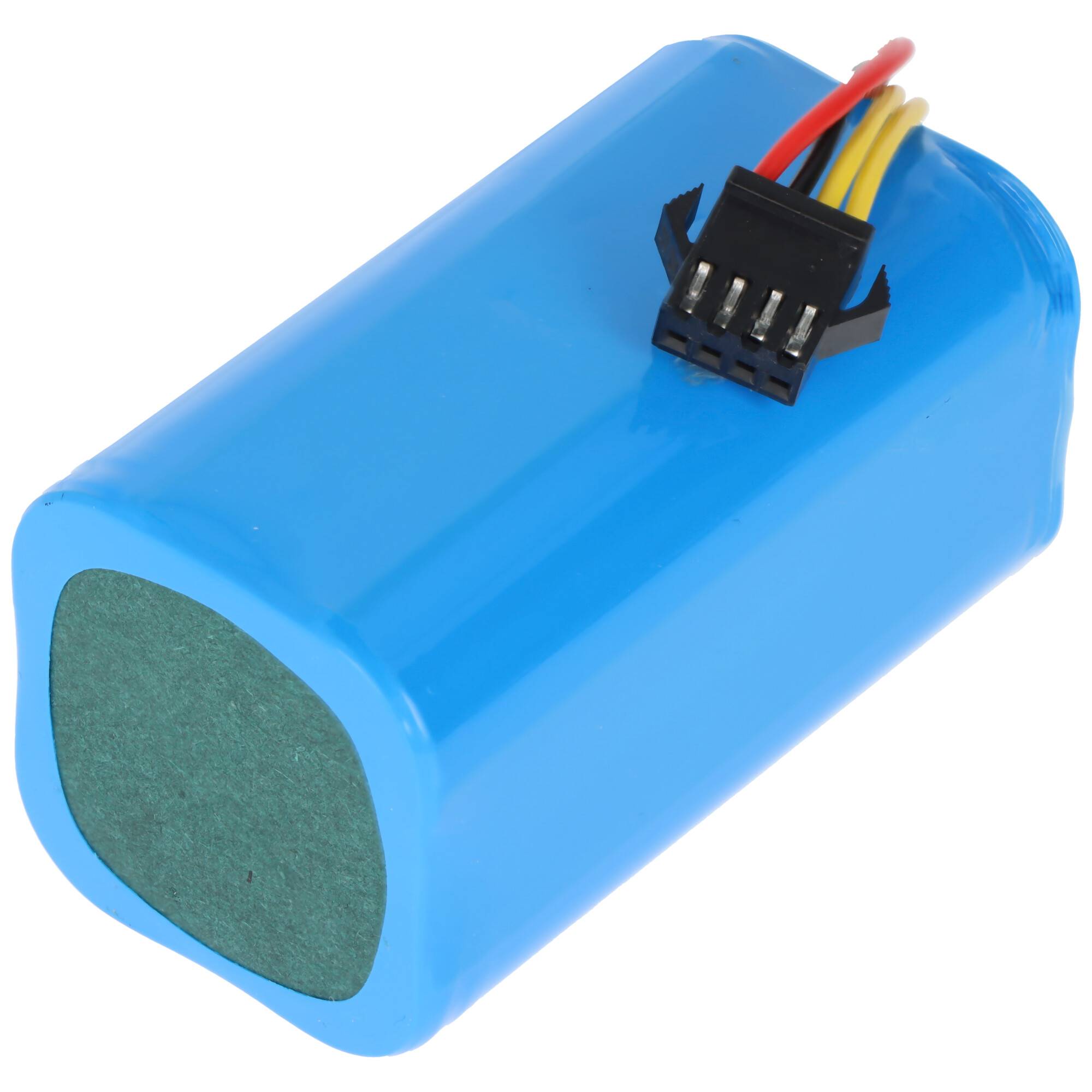 Ein blauer zylindrischer Batterieblock mit Drähten und einem Stecker, der oben herausragt, wird für Elektronik oder Geräte verwendet.