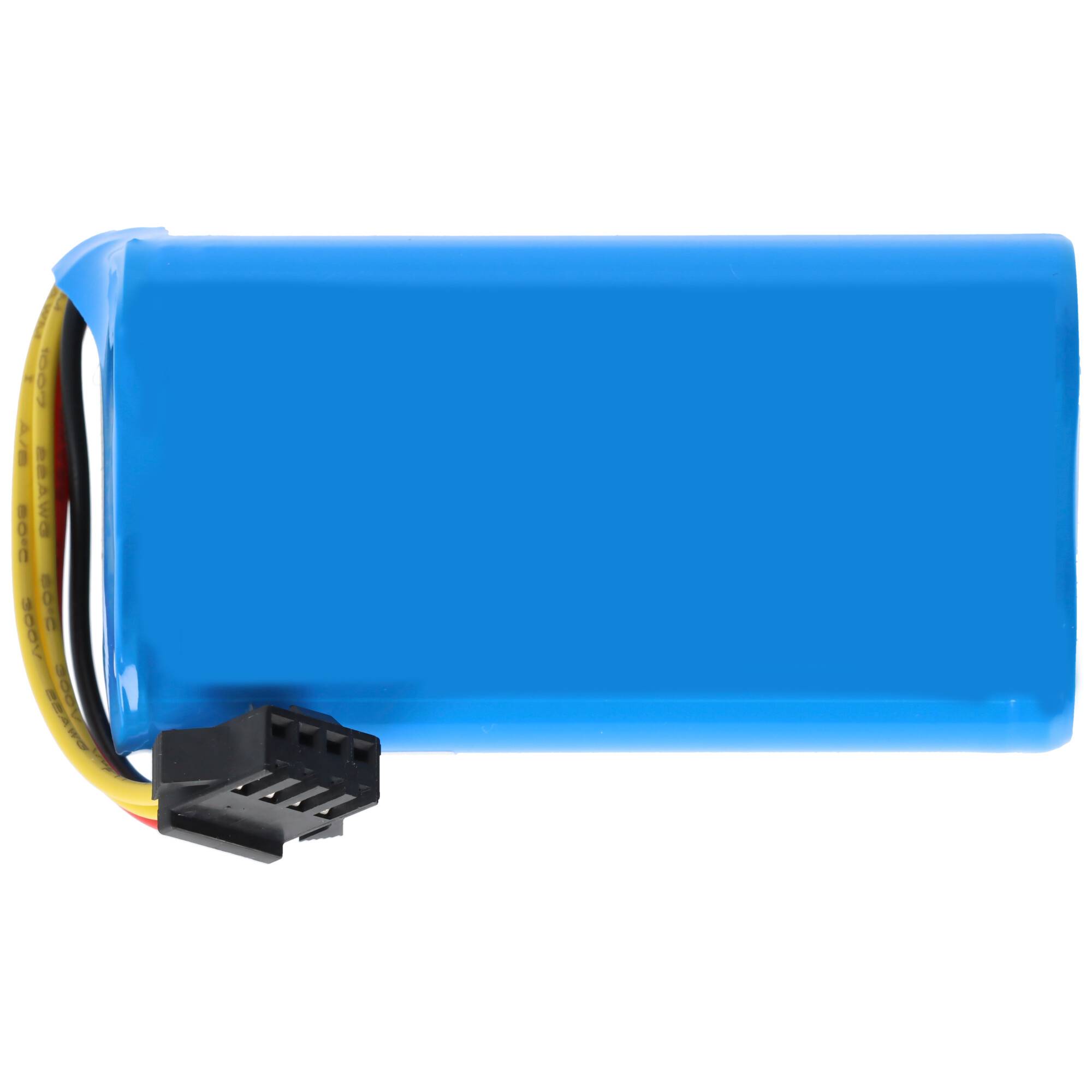 Ein blaues rechteckiges Batteriepack mit gelben und schwarzen Drähten und einem schwarzen Stecker, das zum Antreiben elektronischer Geräte verwendet wird.