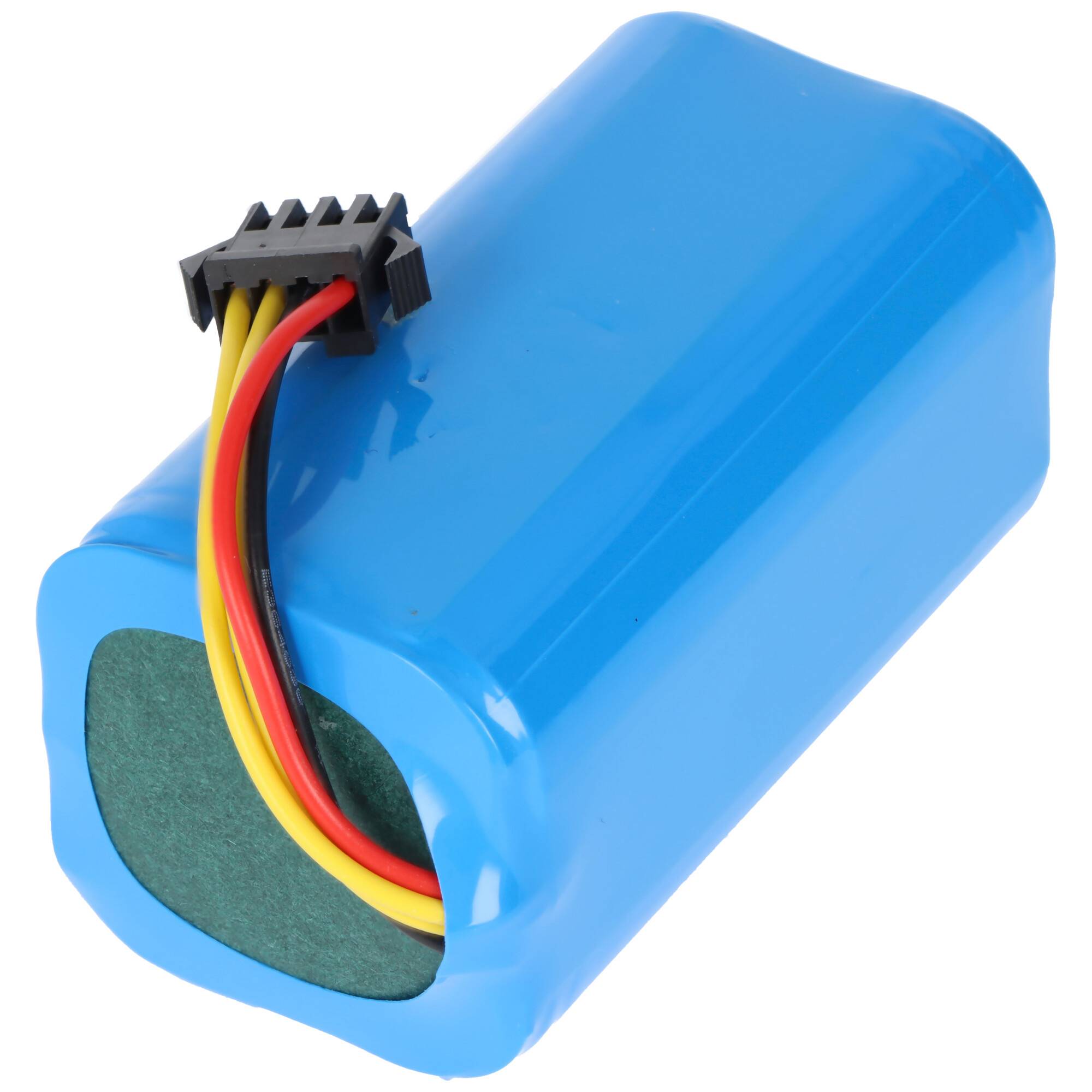 Ein blauer zylindrischer Batterieblock mit Drähten und einem schwarzen Anschluss, der von einem Ende herausragt.