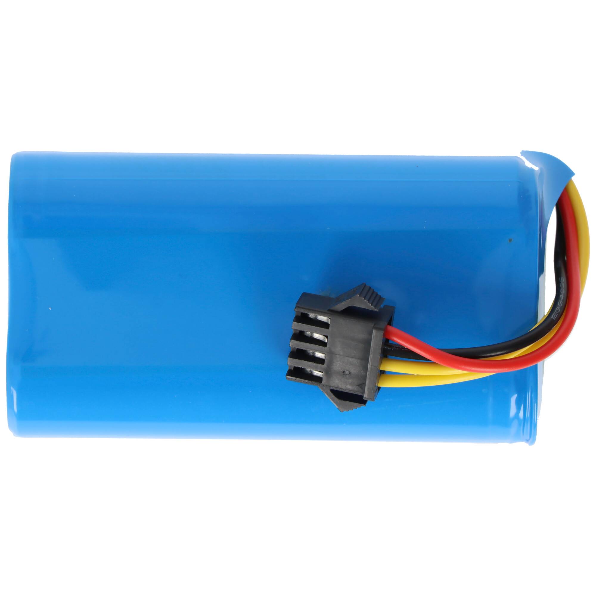 Ein blauer zylindrischer Batteriepack mit einem schwarzen Anschluss und roten, gelben und schwarzen Drähten angebracht.