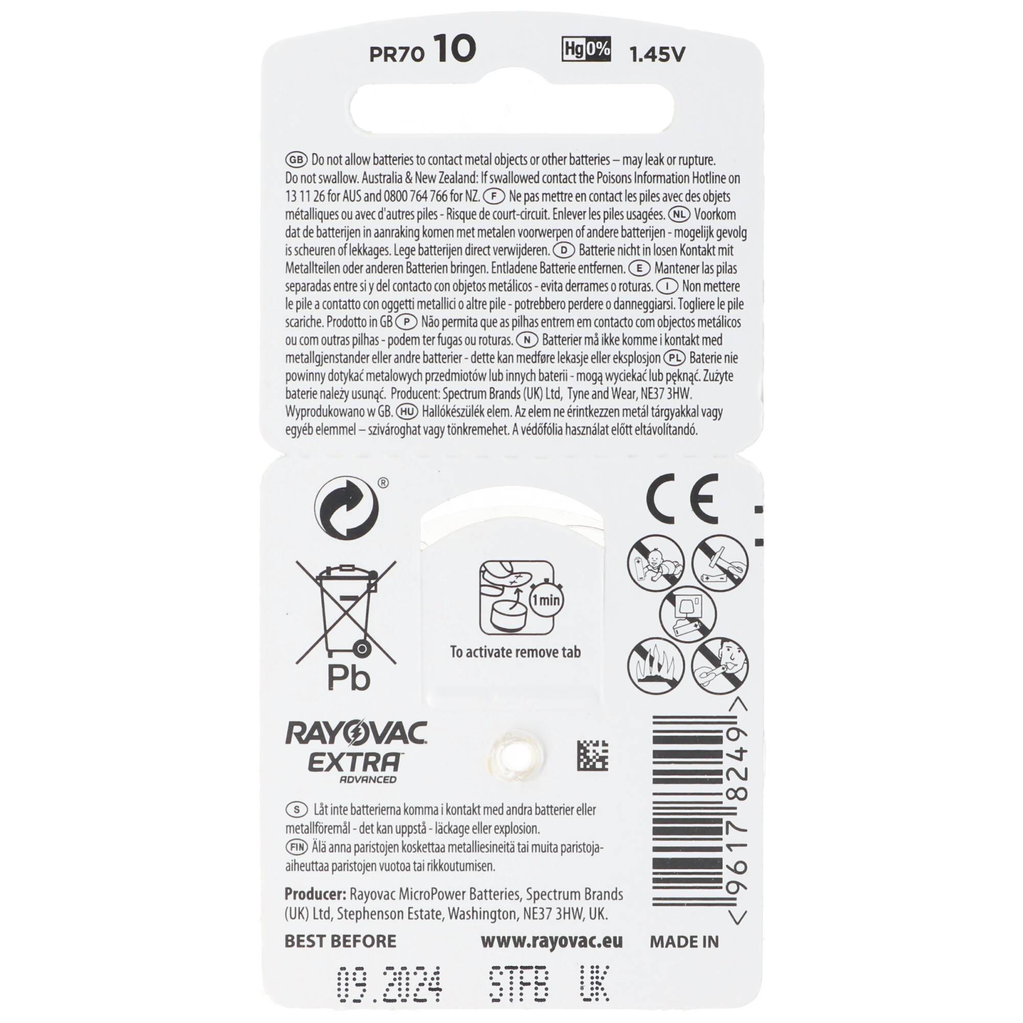 10x 6 Stück Rayovac Hörgerätebatterie Varta HA10, PR70, 4610, Acoustic Special