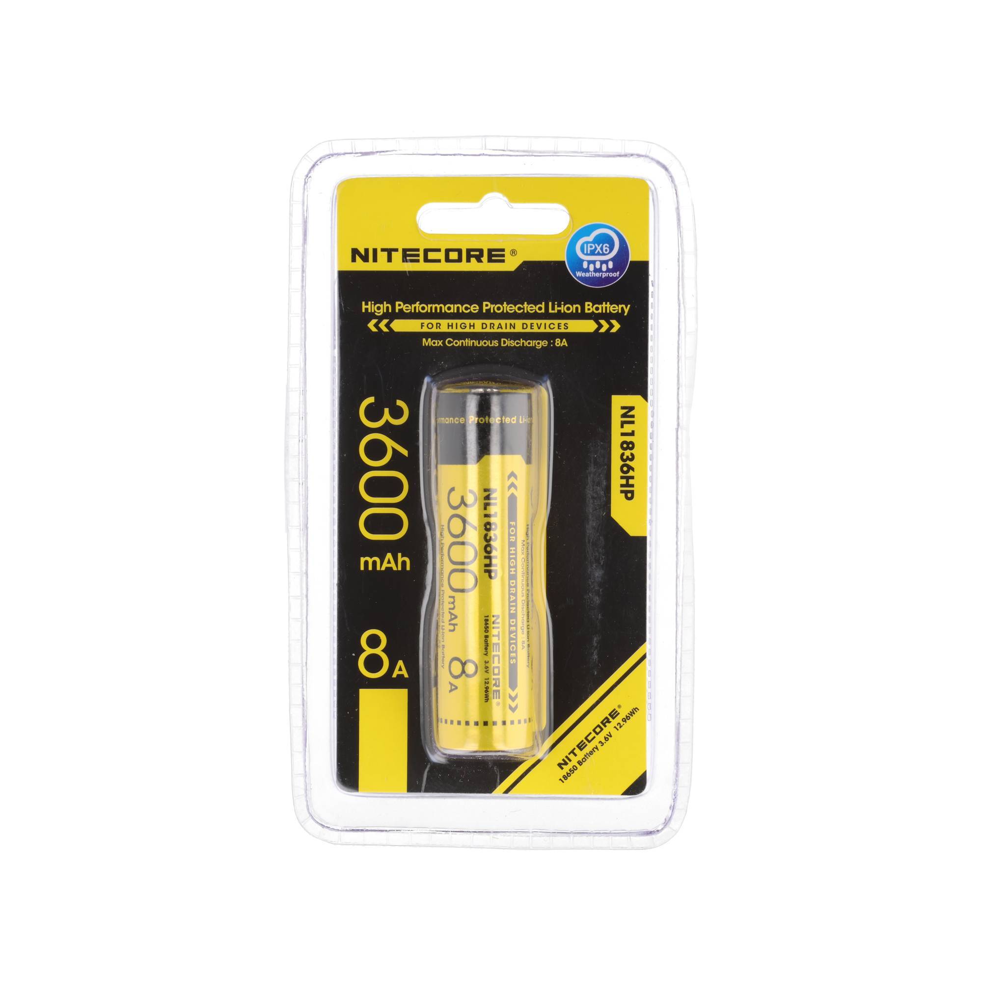 Verpackte Nitecore 18650 Lithium-Ionen-Batterie mit Beschriftung 3600 mAh und 8A in transparenter Einzelhandelsblisterverpackung auf weißem Hintergrund.