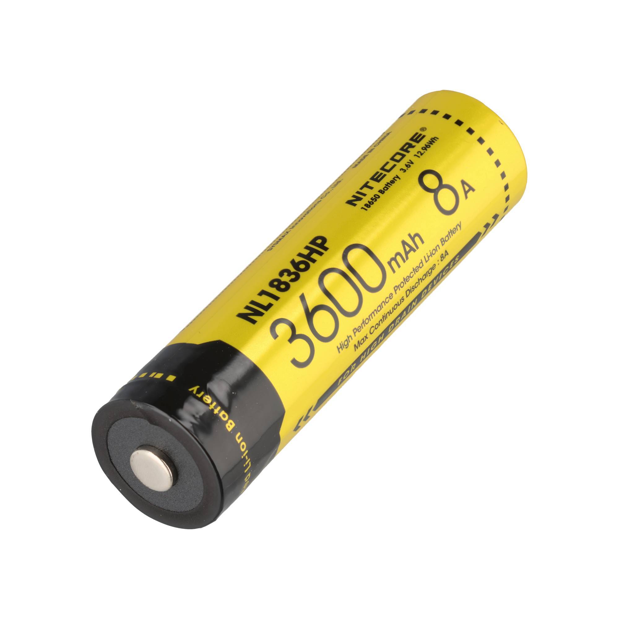 Gelbe wiederaufladbare 18650 Lithium-Ionen-Batterie mit der Bezeichnung 3600mAh 8A, auf weißem Hintergrund dargestellt.
