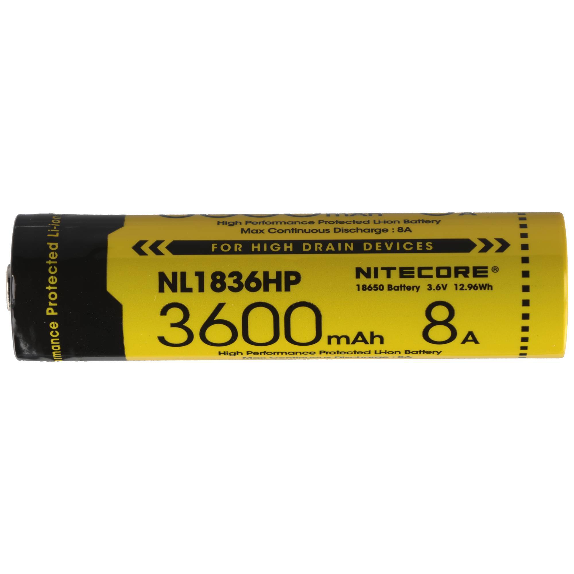 Gelbe und schwarze Nitecore NL1836HP 18650-Lithium-Ionen-Batterie mit einer Kennzeichnung von 3600 mAh und 8A für Hochleistungsgeräte.