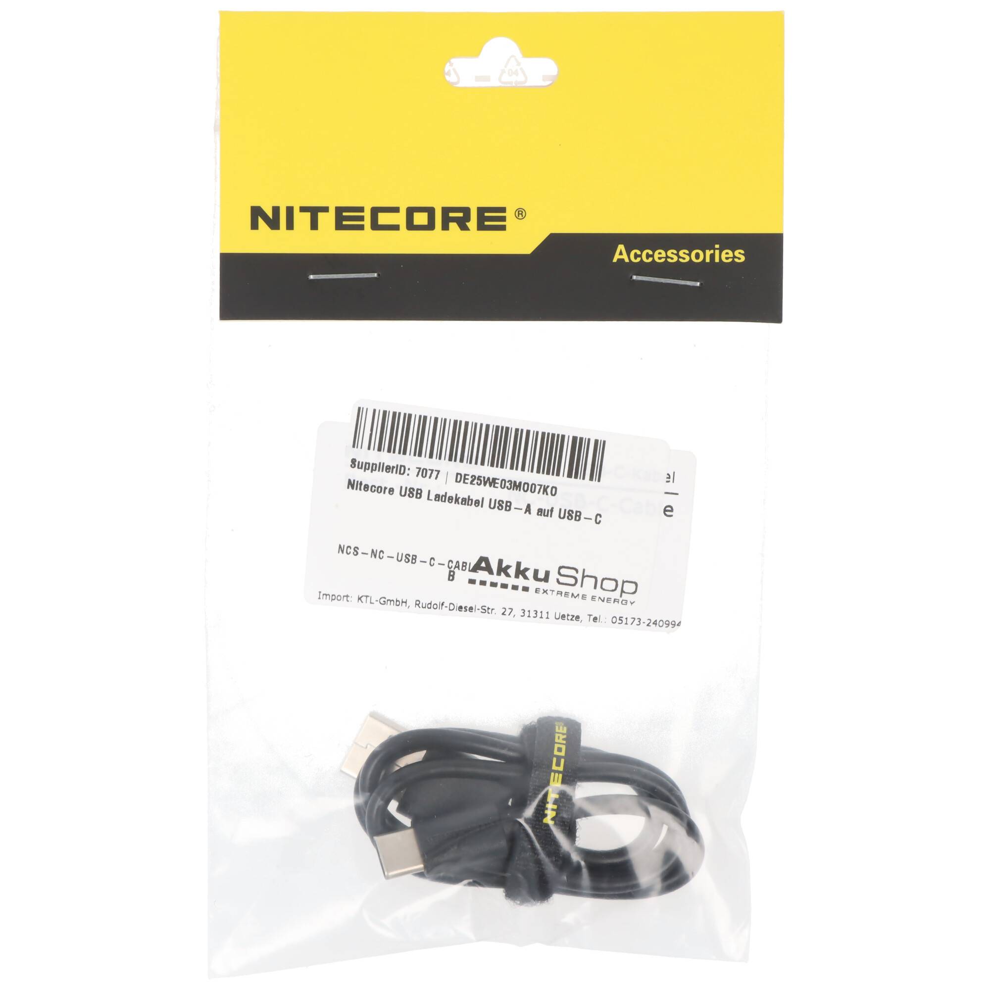 Packung eines NITECORE USB-C-Kabels, Modell NC-USB-C-C2, in durchsichtiger Verpackung mit gelbem und schwarzem NITECORE-Kopfbereich dargestellt.