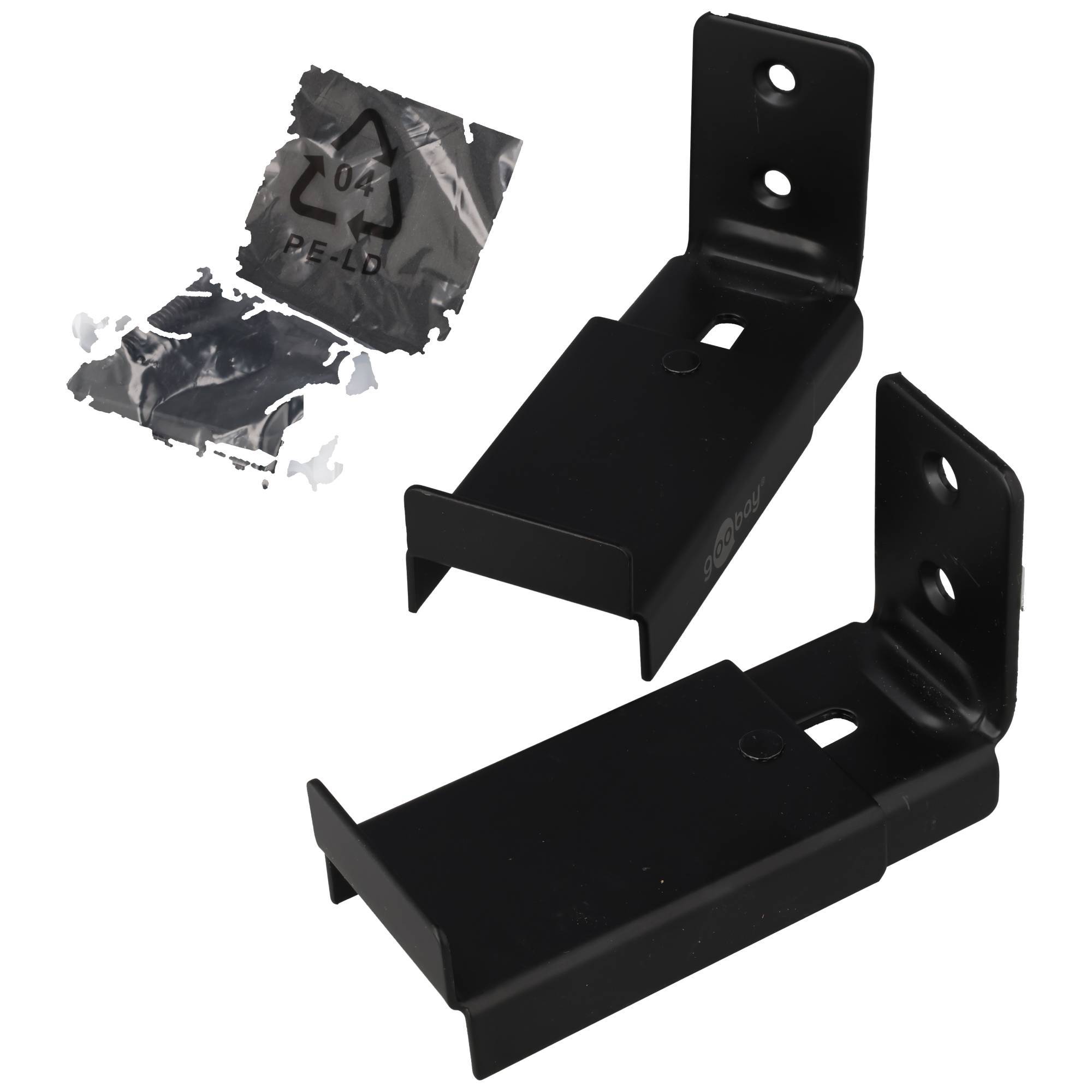 Zwei schwarze Metallmontageklammern mit Schraubenlöchern, zusammen mit einem kleinen Stück Schutzverpackungsfolie dargestellt.
