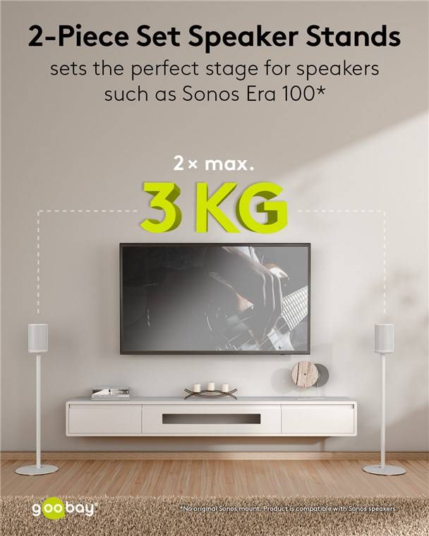 „Schaffen Sie die perfekte Bühne für Lautsprecher wie Sonos Era 100. 2x max. 3 KG.' Wandmontierter Fernseher, zwei Lautsprecher und ein weißes Regal darunter.