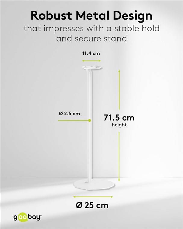 Ein hoher, schlanker Ständer mit einer Höhe von 71,5 cm, einem Basisdurchmesser von 25 cm und einer Oberseite von 2,5 cm, hervorgehoben durch gekennzeichnete Abmessungen.