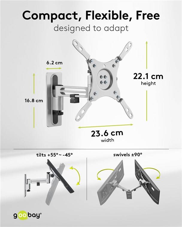 Goobay TV-Wandhalterung Caravan FULLMOTION (M), silber - Halterung für Fernseher von 13 bis 43 Zoll (33 – 109 cm), max.