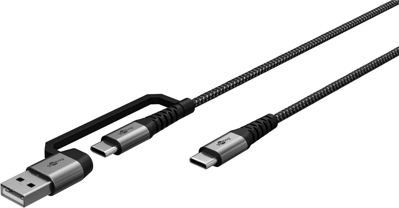 2in1 USB-Textilkabel, robustes USB-C-Ladekabel mit Adapter für USB-A-Geräte, 1 Meter 2 Meter