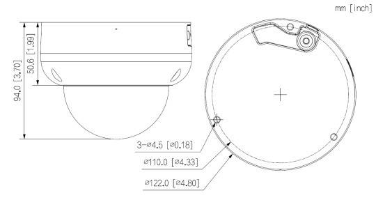 Technische Zeichnung einer kuppelförmigen Sicherheitskamera, mit Seiten- und Draufsicht und Maßangaben: Durchmesser 122,0 mm, Höhe 110,0 mm.