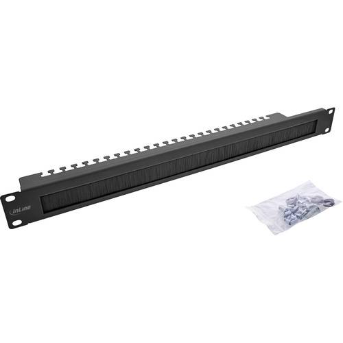 Ein schwarzes 1U-Kabelverwaltungspanel mit Bürstenleiste und einem Satz Befestigungsschrauben an der Seite, verwendet zur Kabelorganisation in einem Serverrack.