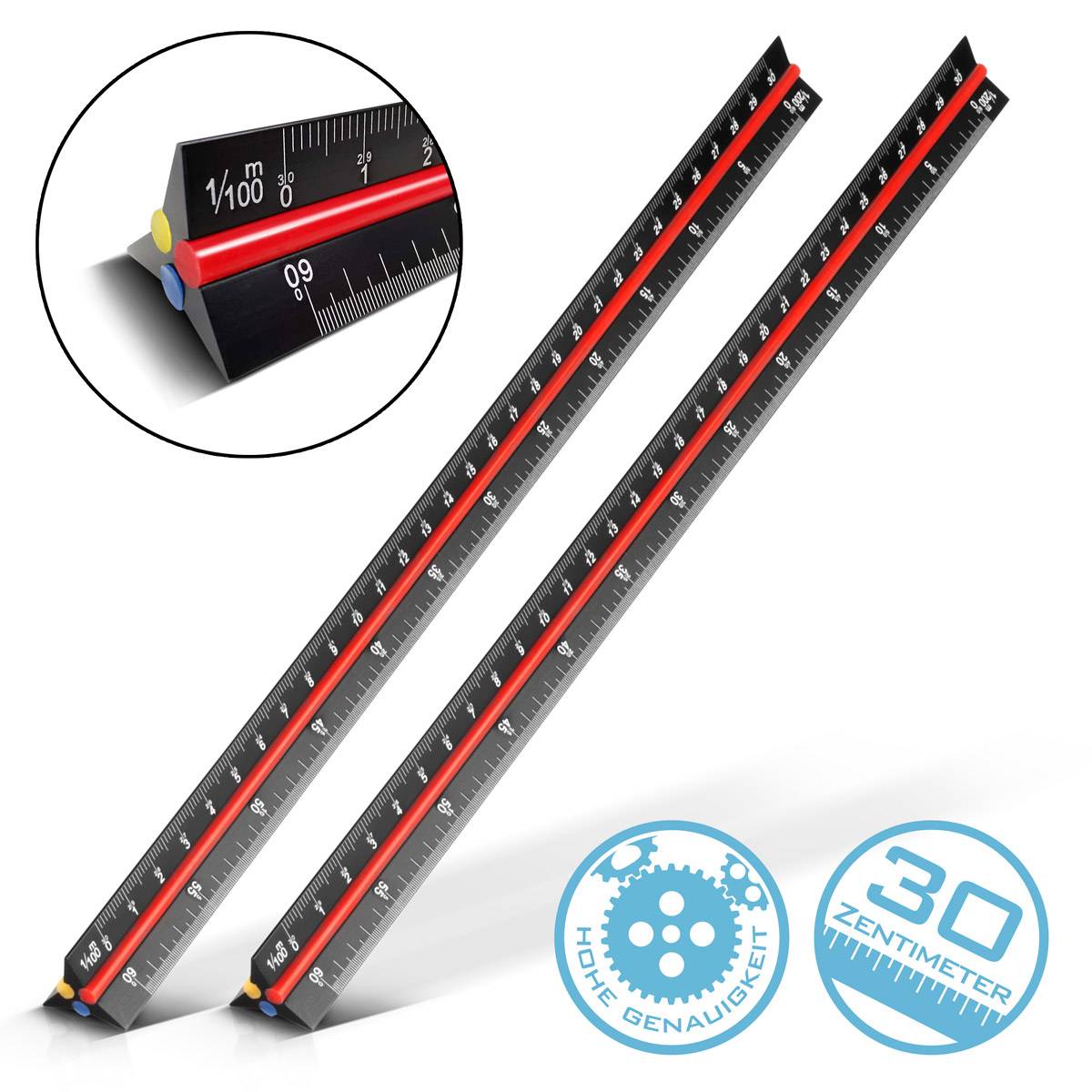 STAHLWERK 2 x Dreikant-Lineal 30cm mit metrischen Skalen im Maßstab