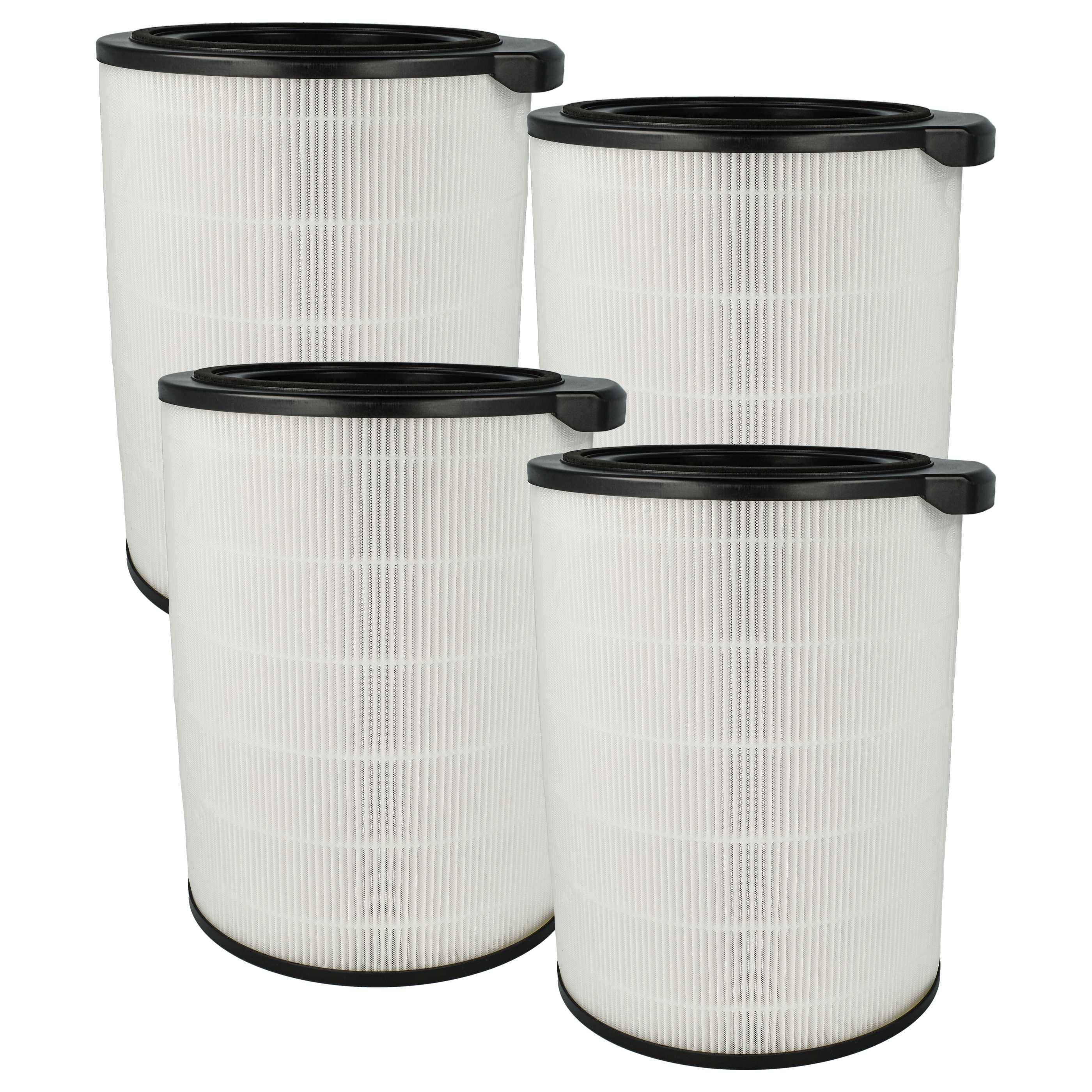 Vier zylindrische Luftfilter mit weißen gefalteten Oberflächen und schwarzen Rändern, in zwei Reihen angeordnet, wahrscheinlich zur Verwendung in Luftreinigungssystemen.
