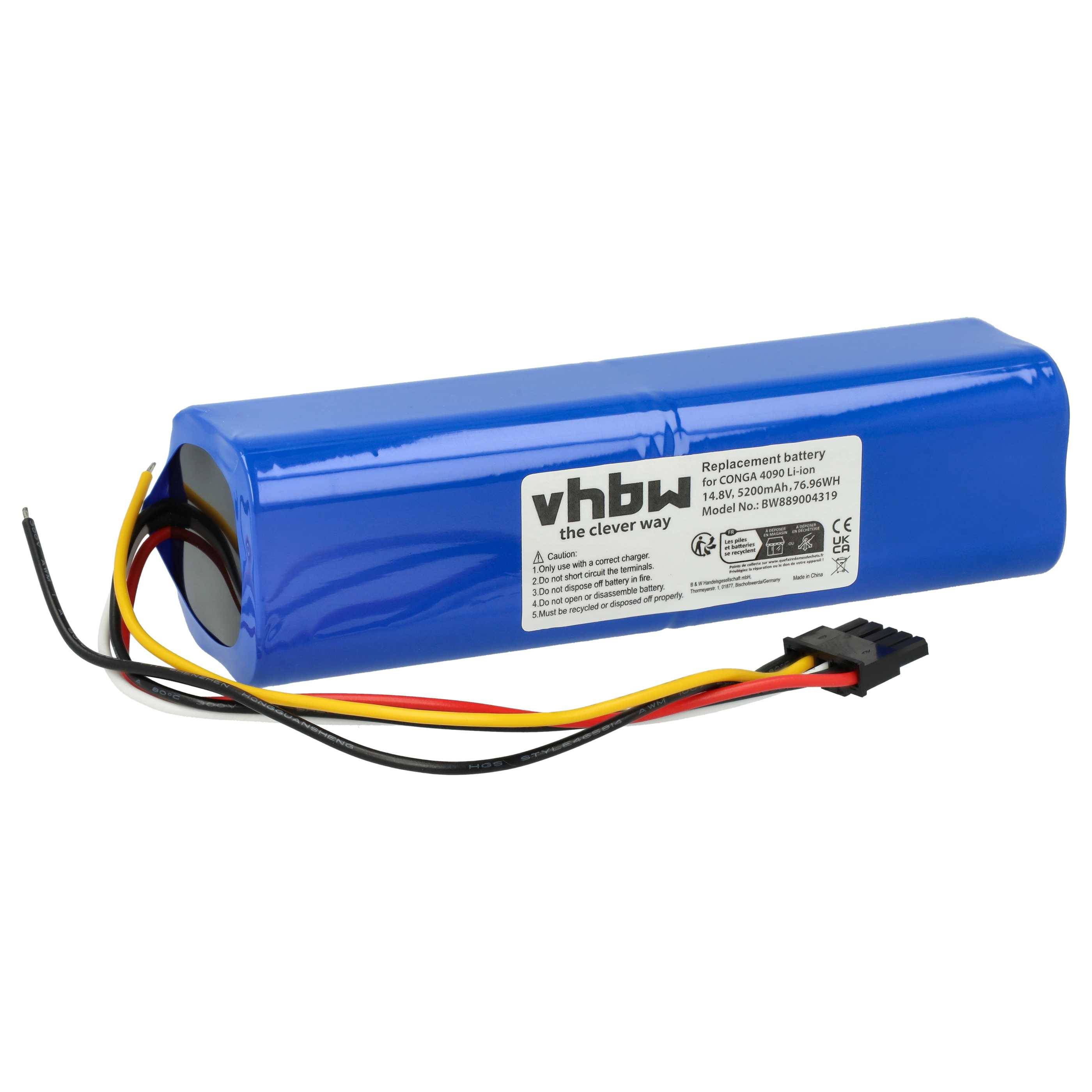 Eine blaue zylindrische Ersatzbatterie mit Drähten und einem Stecker, mit der Bezeichnung „vhbw