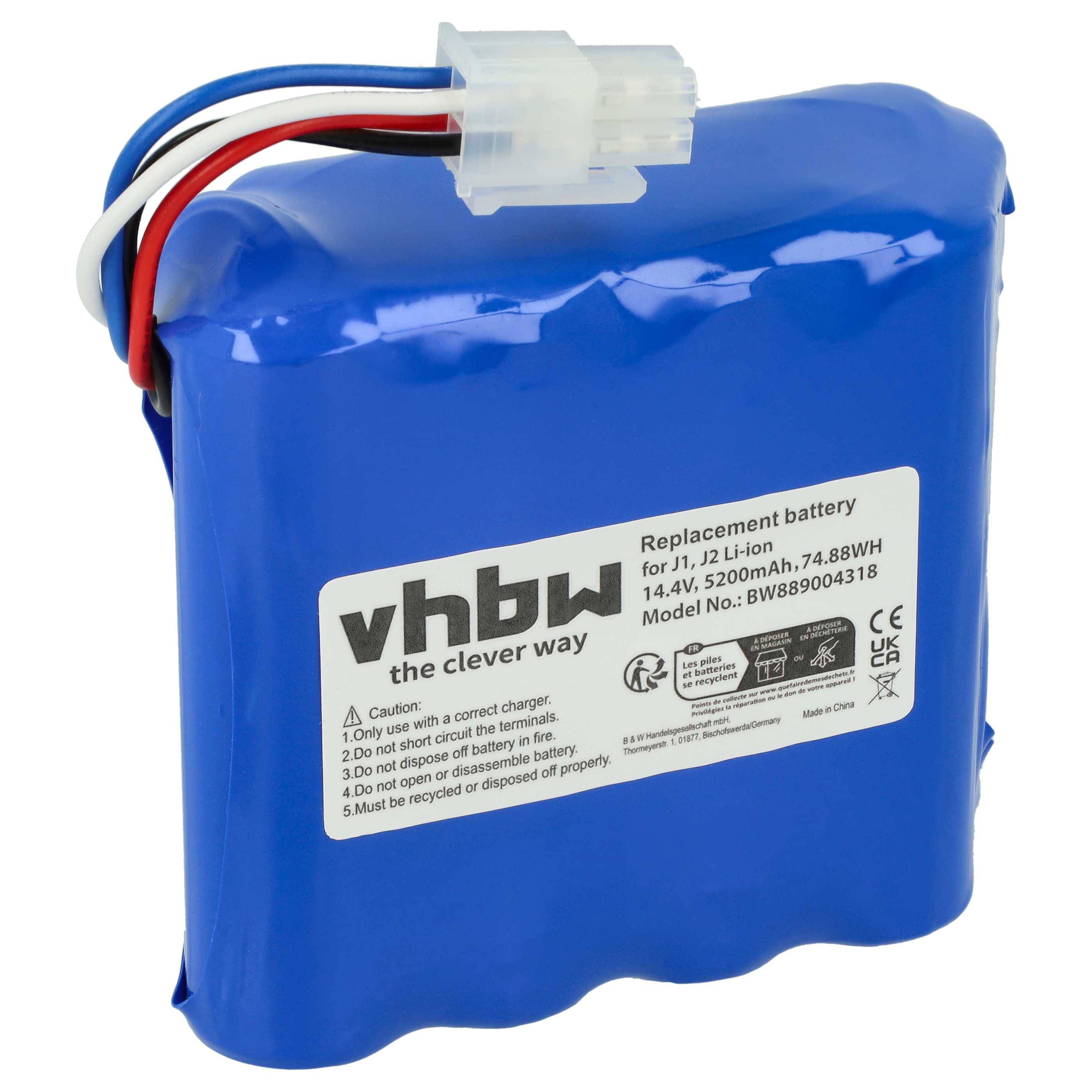Ein blauer Ersatzakku für JI 12.160h, 74,88Wh, 14,4V, 5200mAh von vhbw, mit Warnschild und Stecker mit Drähten.