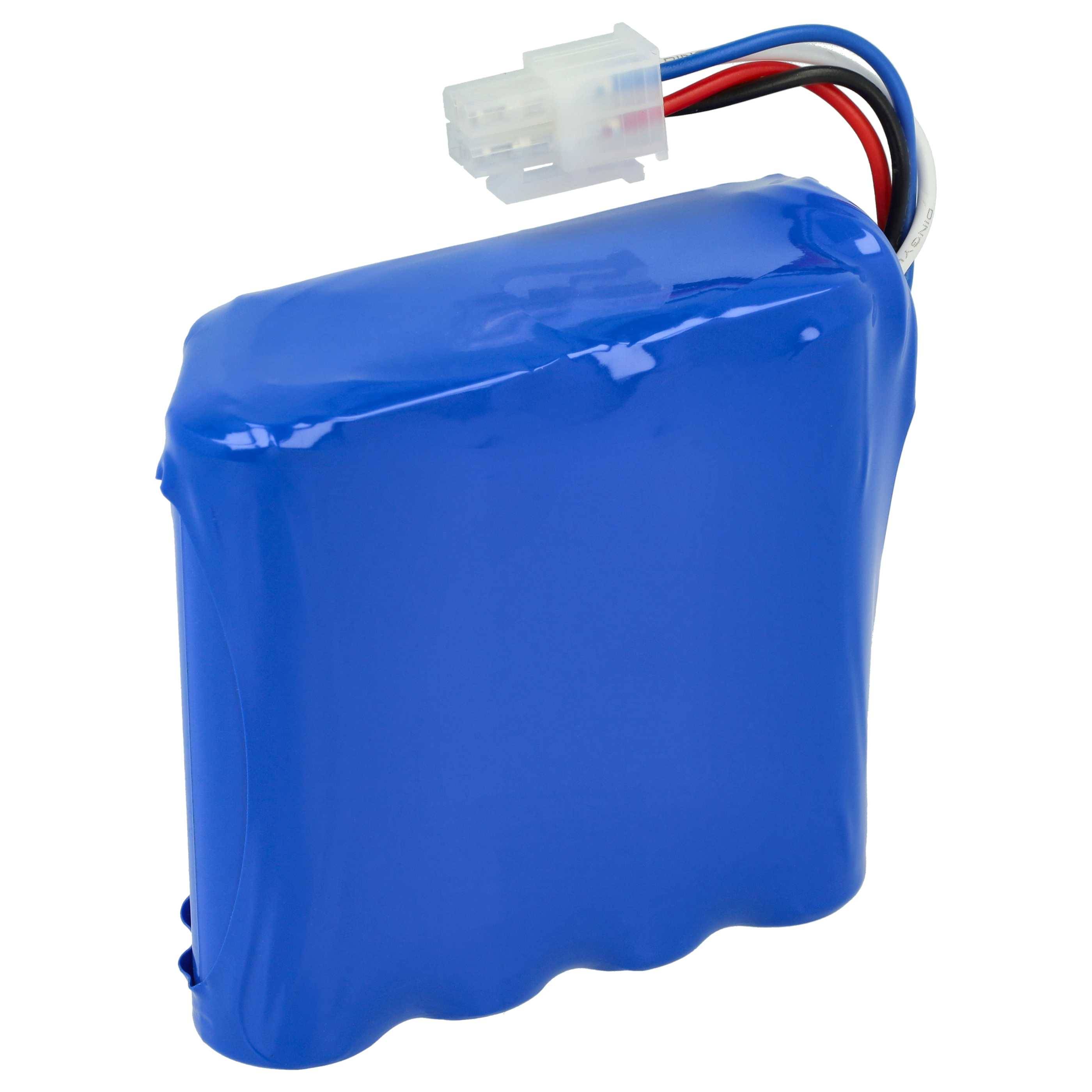 Ein blauer, rechteckiger Akku mit drei Drähten (rot, weiß, schwarz), die von oben herausführen und in einen weißen Stecker enden.