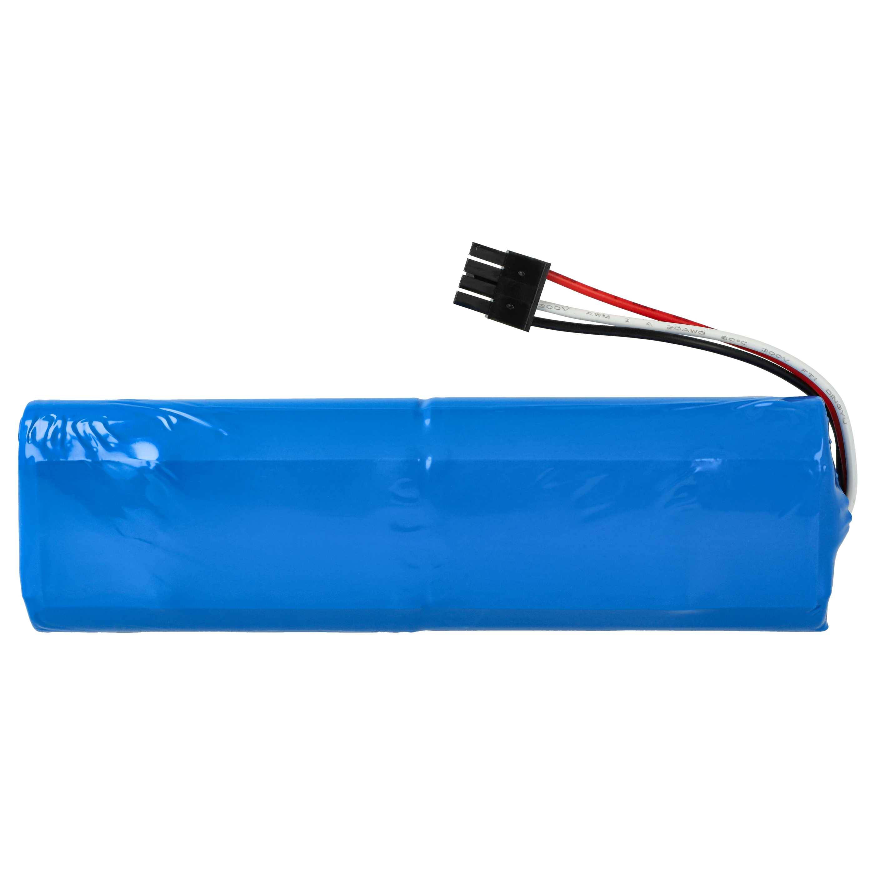 Ein blauer aufladbarer Batteriepack mit drei Drähten: rot, weiß und schwarz, endend in einem dreipoligen Stecker.