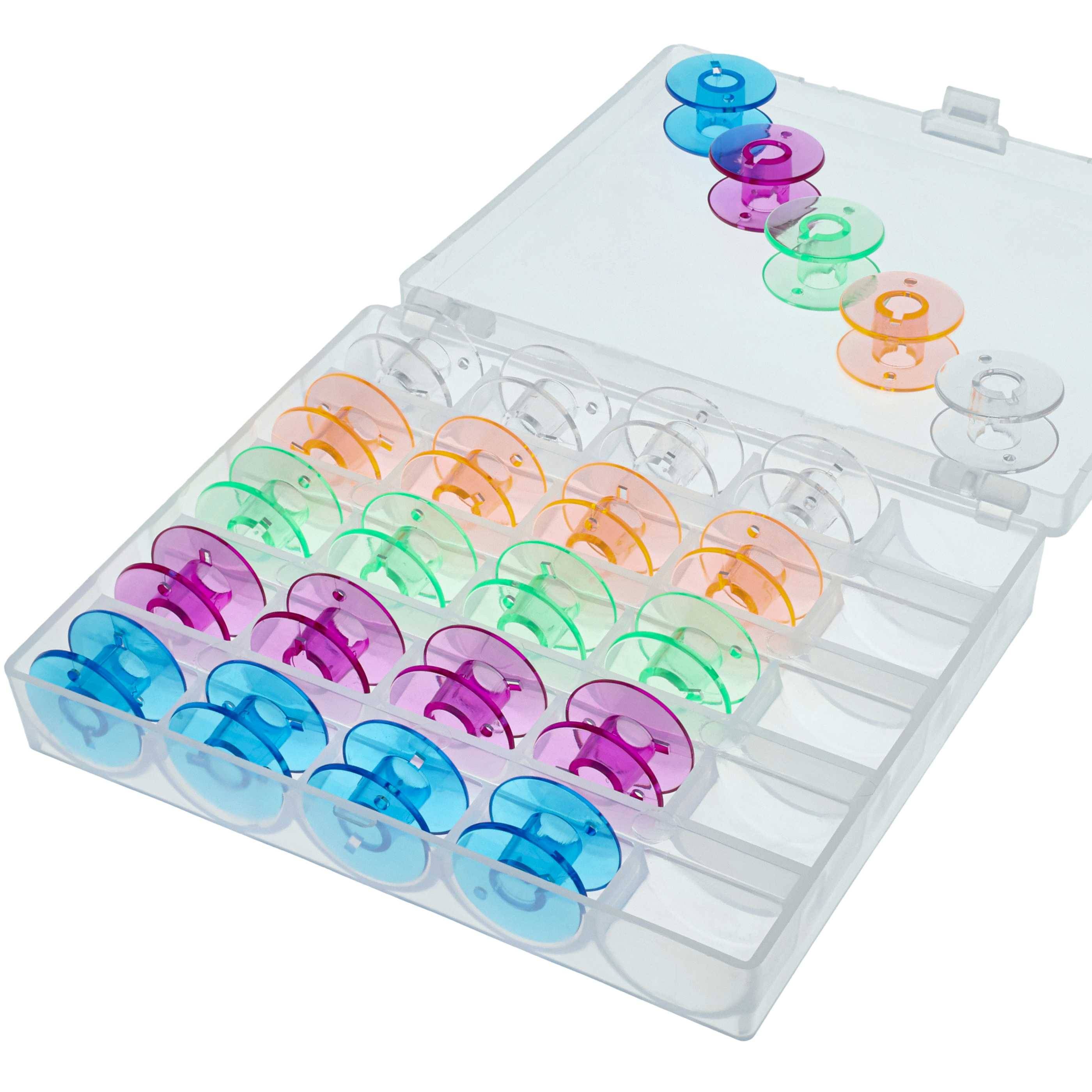 vhbw Aufbewahrungs-Box kompatibel mit Janome 575, 532, 446, 444, 556, 552, 535, 4612 Nähmaschinen-Spulen - inkl. Unterfaden-Spulen, Farbig