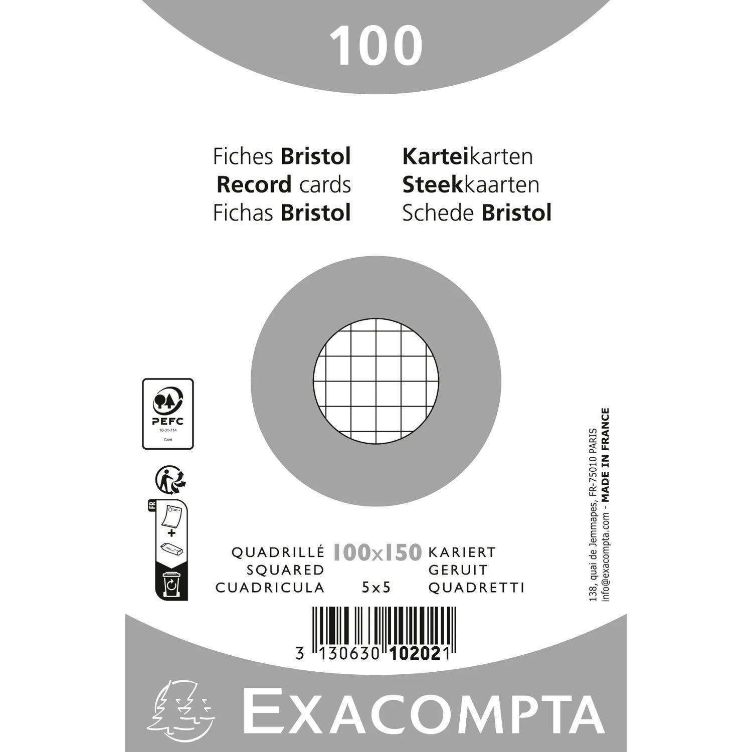 Exacompta Karteikarten-Paketaufkleber zeigt 100 karierte 100x150 mm Karten, mit mehrsprachigen Produktnamen und einem Gitter-Mustersymbol.