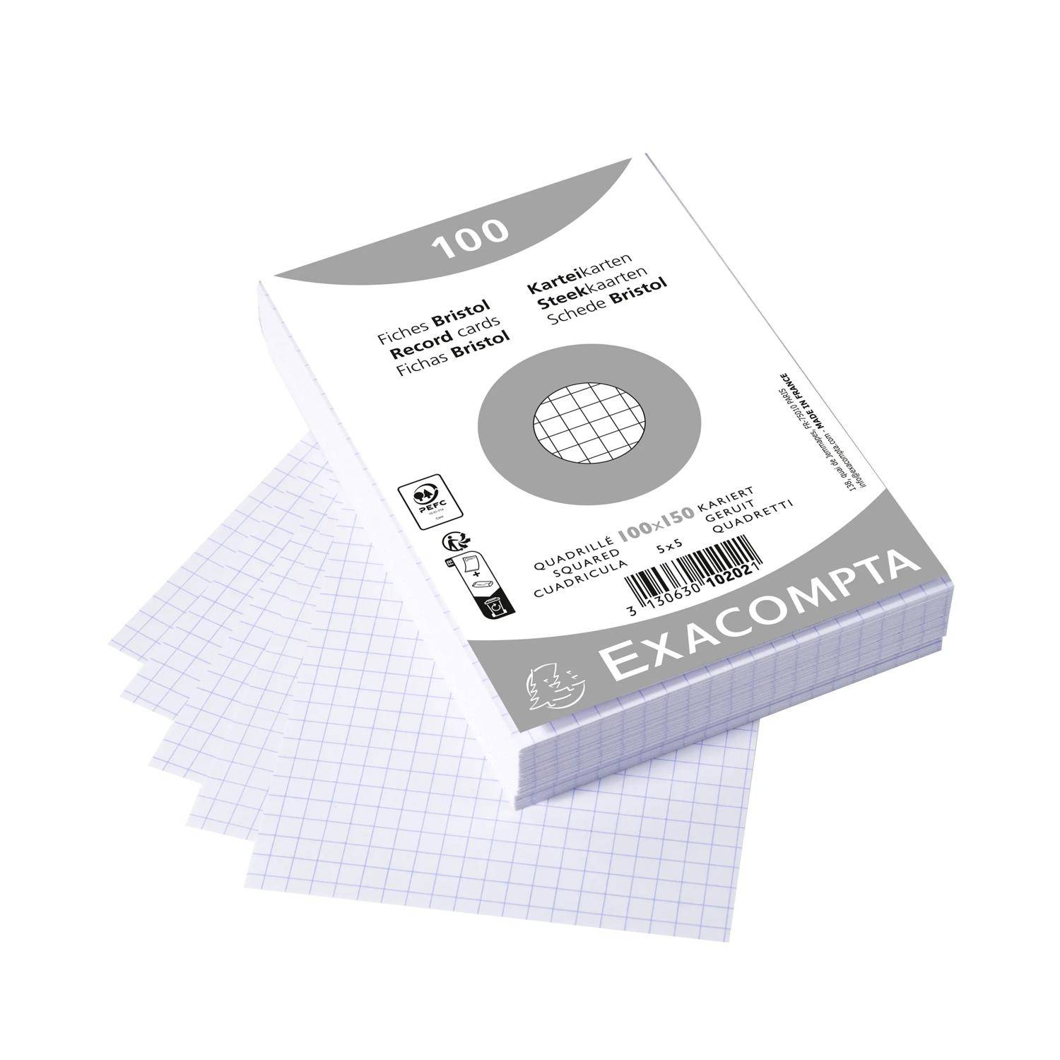 Ein Stapel von quadratischen Millimeterpapierblöcken mit der Aufschrift "EXACOMPTA"" mit 100 Blatt, dargestellt in einem produktstilisierten Foto.