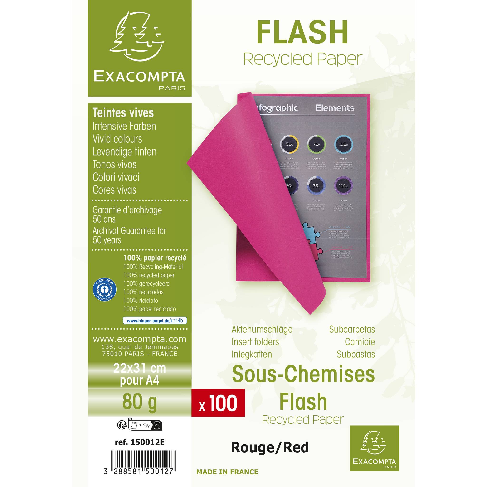 Exacompta 10x 100er Packung Aktendeckel FLASH 80 100% RC 22x31cm - Rot - 150012E