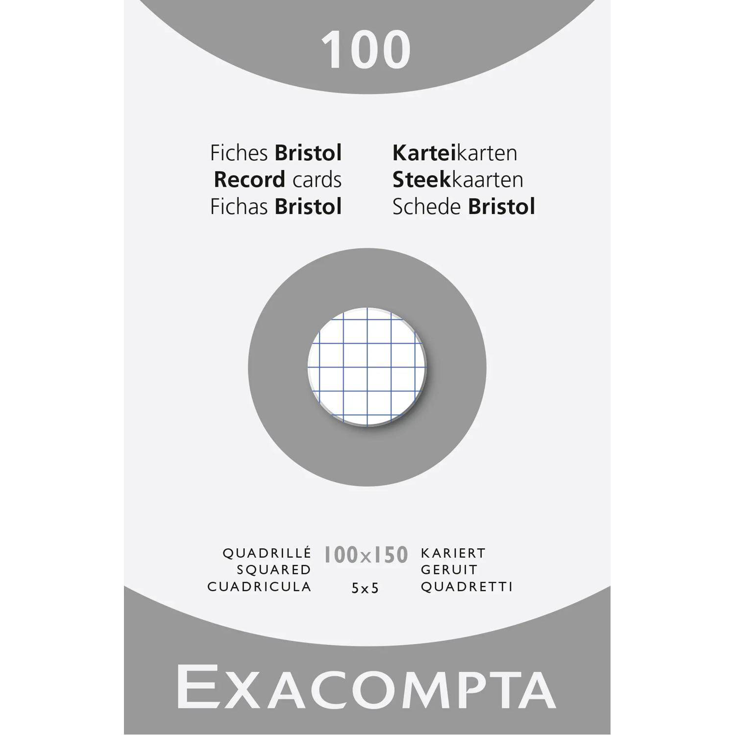 Exacompta 100-teiliges Bristol-Registerkarten-Set mit quadratischem Rasterpapier, Größe 100 x 150 mm, dargestellt in mehrsprachiger Verpackung.