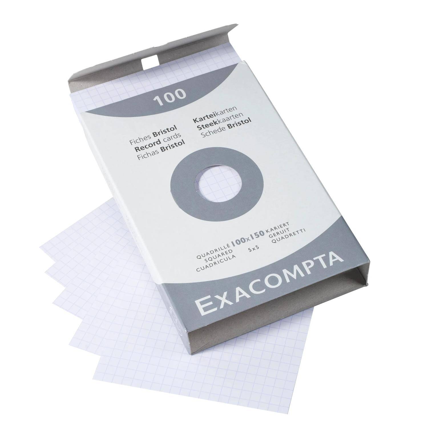 Schachtel mit 100 Exacompta-Karteikarten mit Millimeterpapier-Blättern, teilweise geöffnet auf weißem Hintergrund dargestellt.