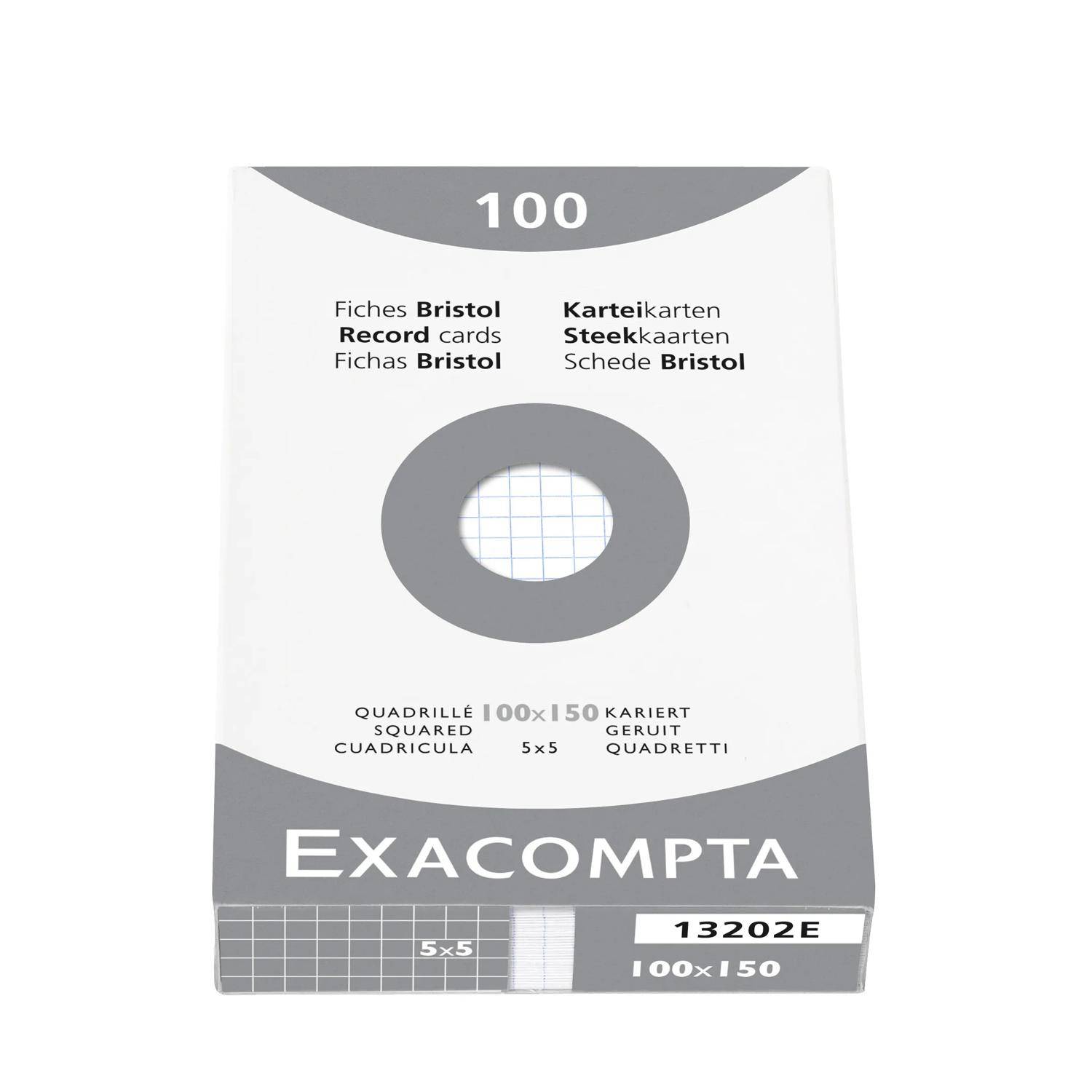 Paket Exacompta Bristol-Karteikarten, 100 Blatt, Größe 100 x 150 mm, mit mehrsprachiger Beschriftung und 5 x 5 Raster-Vorschau.