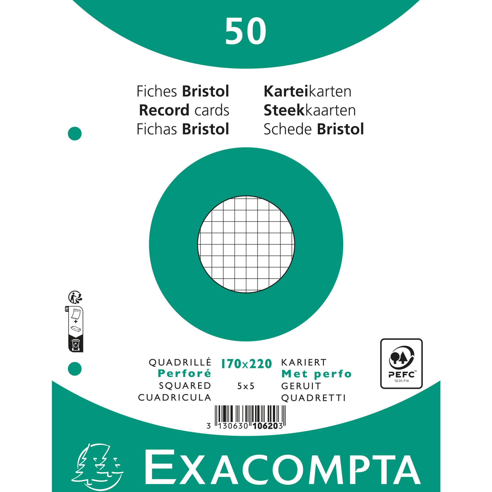 Exacompta 24x 100er Karteikarten - kariert gelocht - 170x220mm - Weiß - 10620E