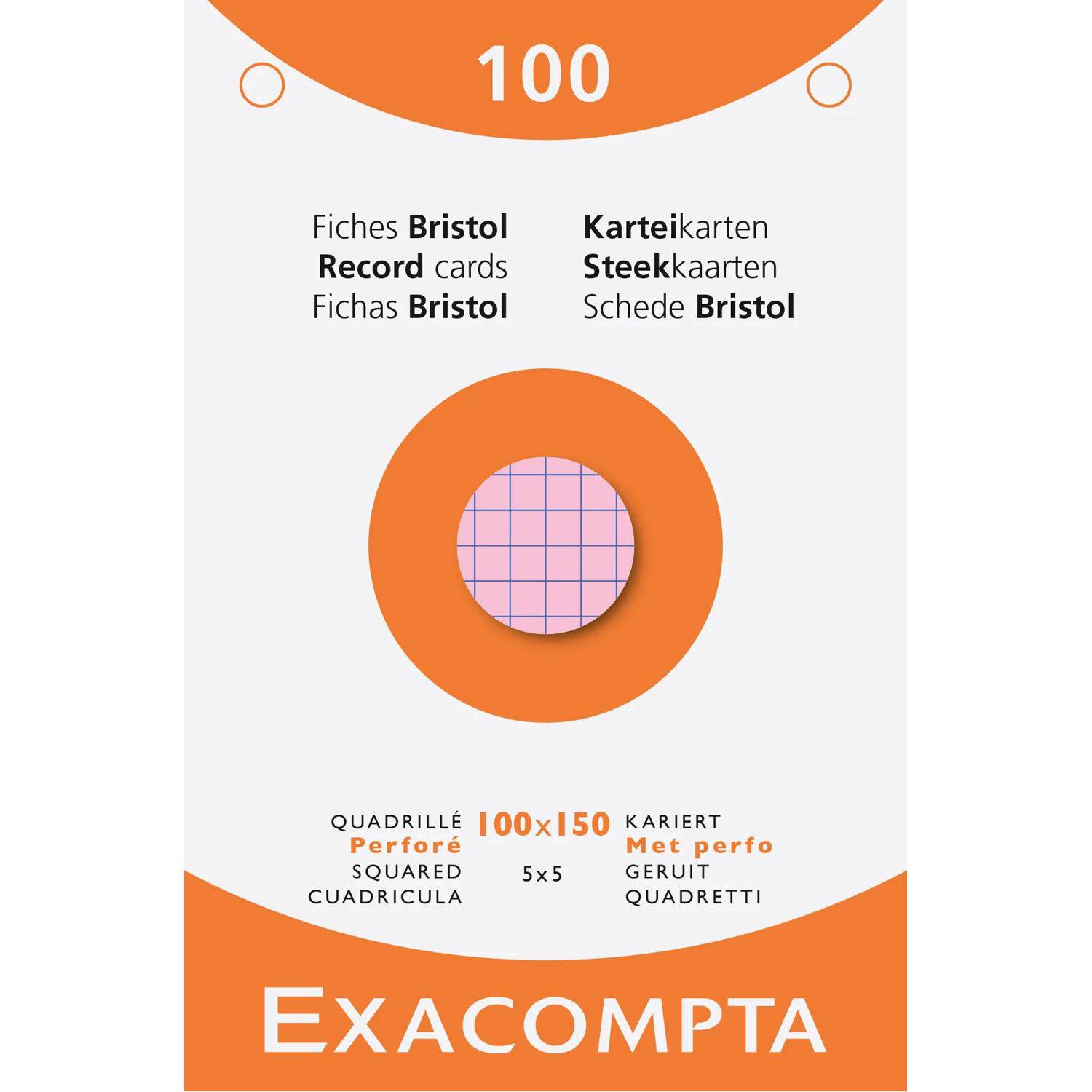 Exacompta 100er-Packung Bristol-Karteikarten mit perforierten 100x150 mm karierten 5x5 Karten, in mehreren Sprachen dargestellt.