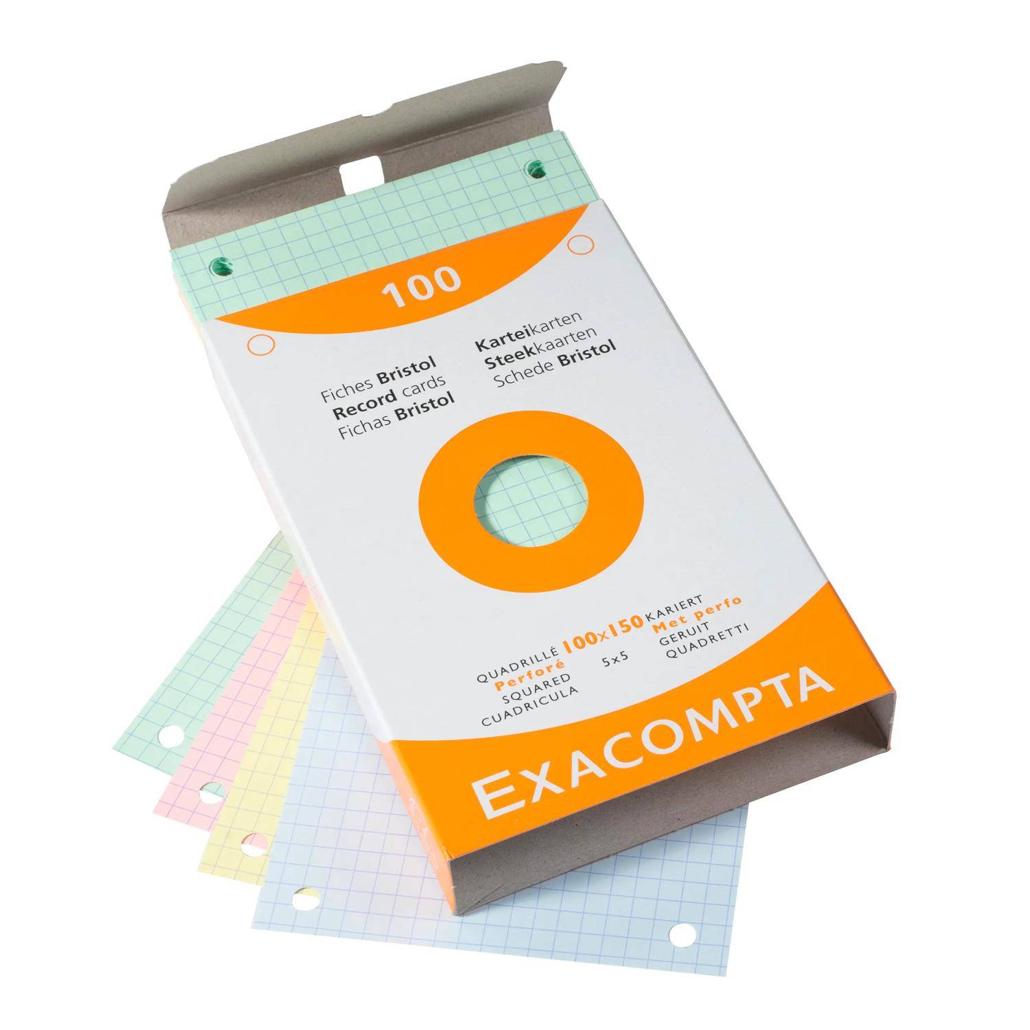 Schachtel mit ExactaCompta Bristol-Karteikarten mit orangem Umschlag, auf dem „100" Blatt angegeben sind, und mehreren pastellfarbenen Rasterkarten darunter.