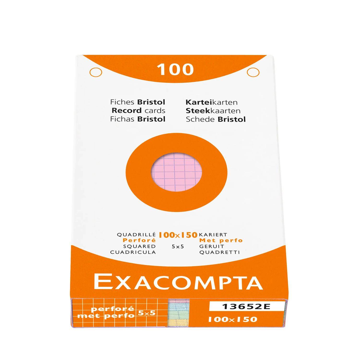 Packung Exacompta 100 gelochte rosa Karteikarten 100 x 150 mit orange-weißem Etikett und mehrsprachigem Text.