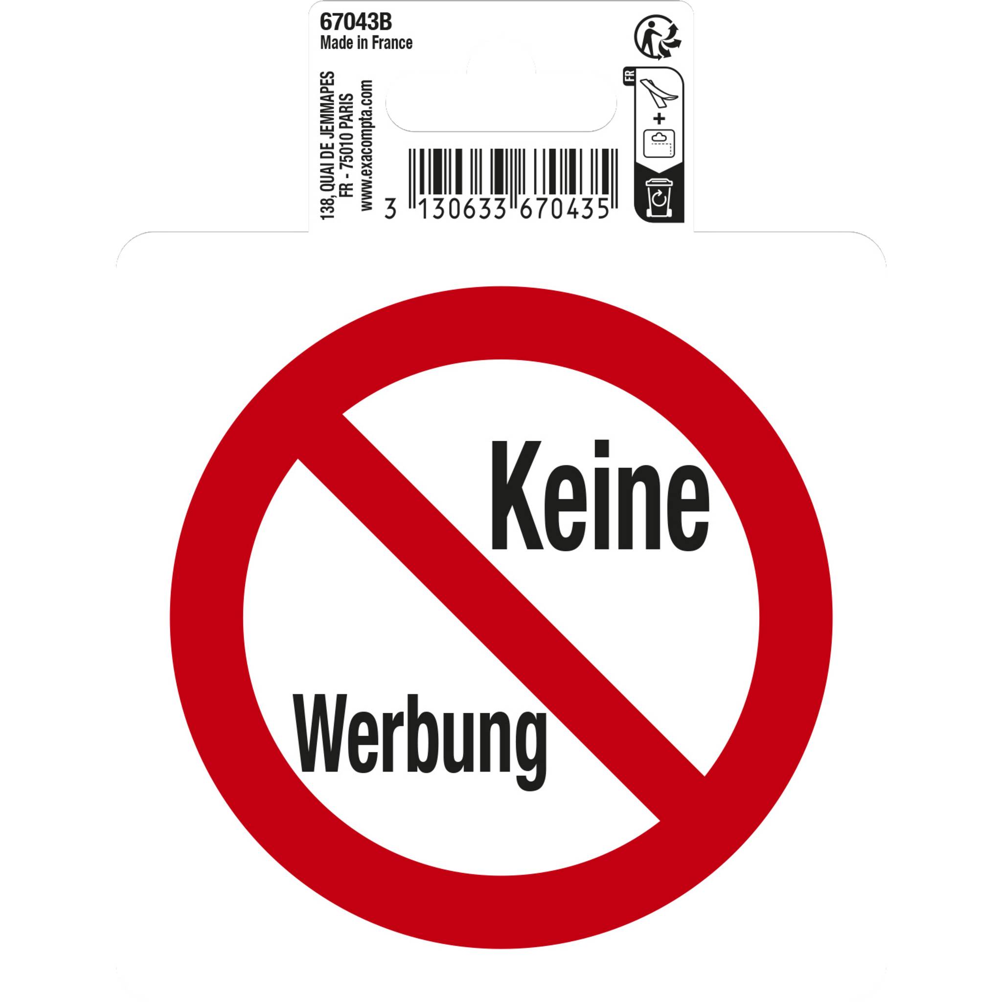 Exacompta Hinweisschild Keine Werbung, 10x10 cm, PVC - Rot - 67043B
