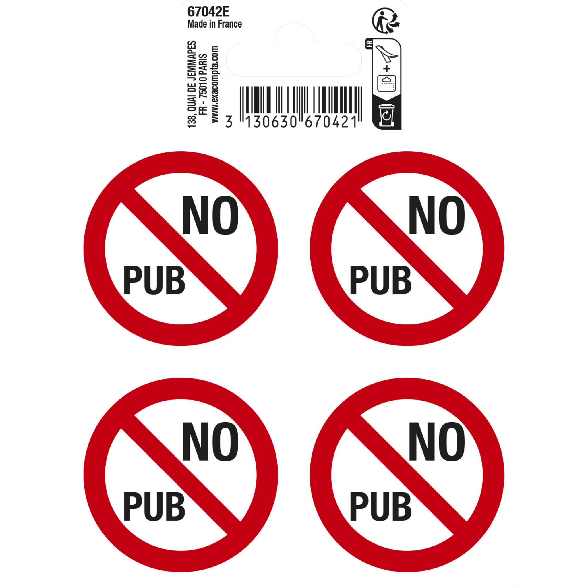 Exacompta Hinweisschilder 4x No pub (keine Werbung), 10x10 cm PVC - Rot - 67042E