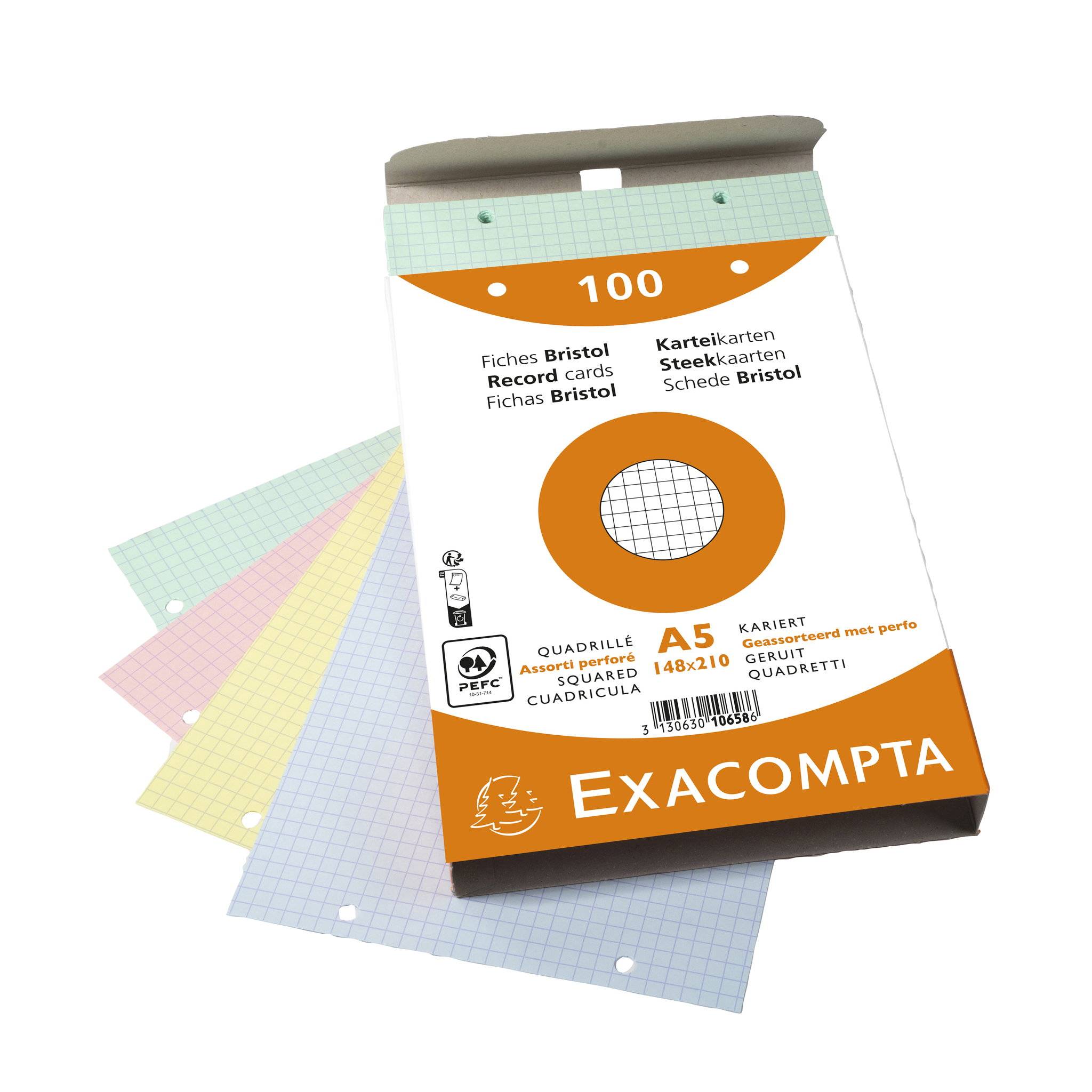 Exacompta 10x 100er Karteikarten - kariert gelocht 148x210mm - sortiert - 10658E