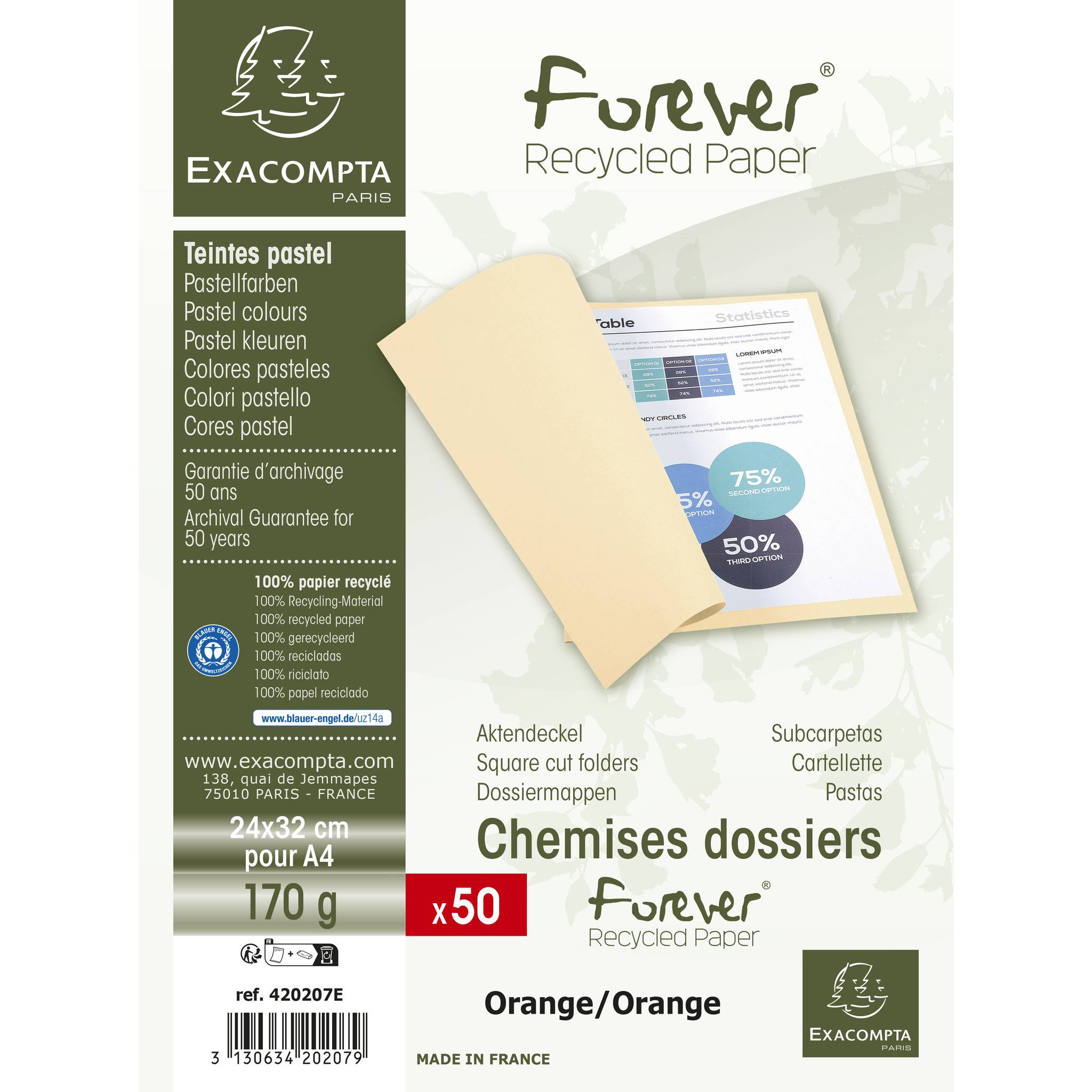 Exacompta 10x 50er Packung Aktendeckel FOREVER® 170 Grün - Orange - 420207E