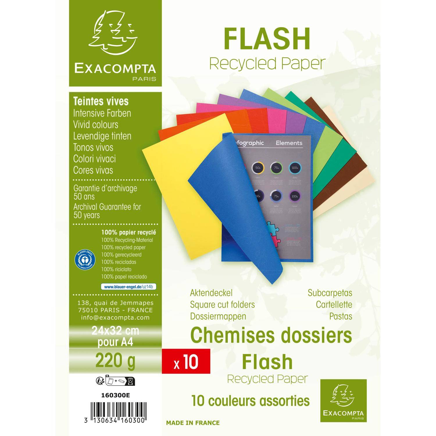 Exacompta 10x 10er Packung Aktendeckel 100% RC 24x32cm - sortiert - 160300E