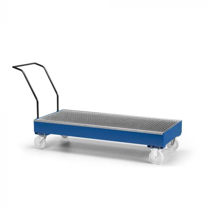 Fahrbare Auffangwanne Typ RFW - Stahl - mit Gitterrost - für 3 x 200 Liter Fass - Rad-Ø 175 mm aus Polyamid - RAL 5010 enzianblau