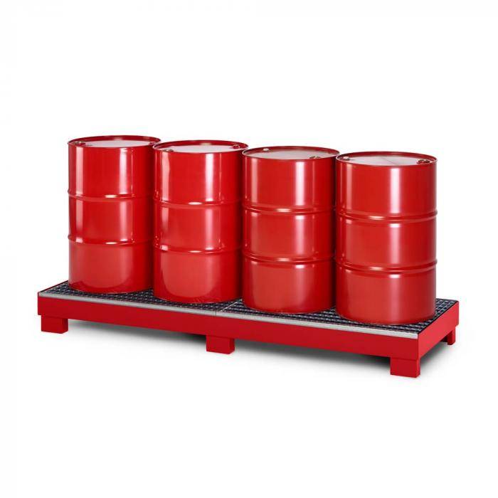 Auffangwanne Typ RWG-4R aus Stahl - mit Gitterrost - passend für 4x 200 Liter Fass - Unterfahrhöhe 100 mm - RAL 3000 feuerrot