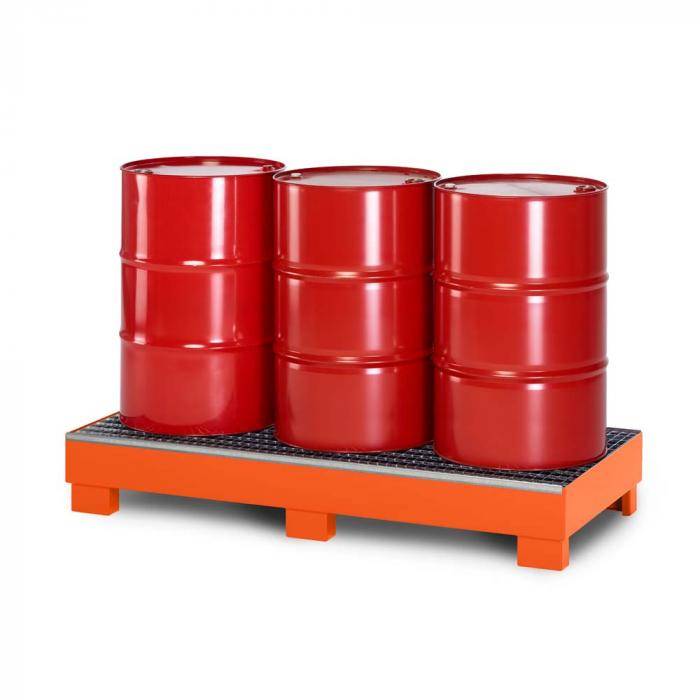 Auffangwanne Typ RWG-3 aus Stahl - mit Gitterrost - passend für 3x 200 Liter Fass - Unterfahrhöhe 100 mm - RAL 2004 reinorange