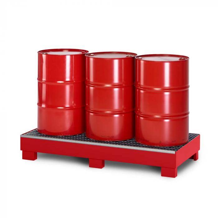Auffangwanne Typ RWG-3 aus Stahl - mit Gitterrost - passend für 3x 200 Liter Fass - Unterfahrhöhe 100 mm - RAL 3000 feuerrot