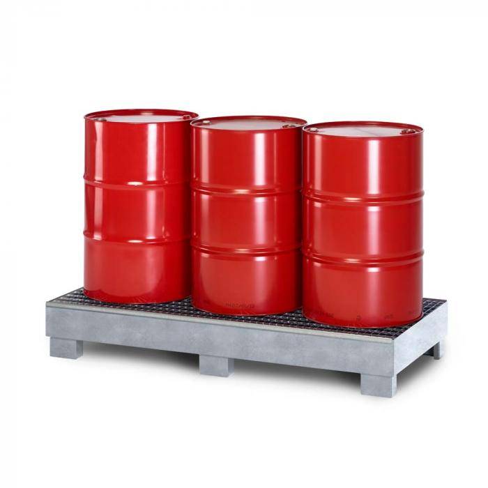 Auffangwanne Typ RWG-3 aus Stahl - mit Gitterrost - passend für 3x 200 Liter Fass - Unterfahrhöhe 100 mm - verzinkt