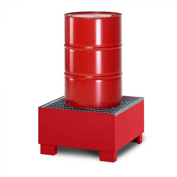 Auffangwanne Typ RWG-1 aus Stahl - mit Gitterrost - passend für 1x 200 Liter Fass - Unterfahrhöhe 100 mm - RAL 3000 feuerrot