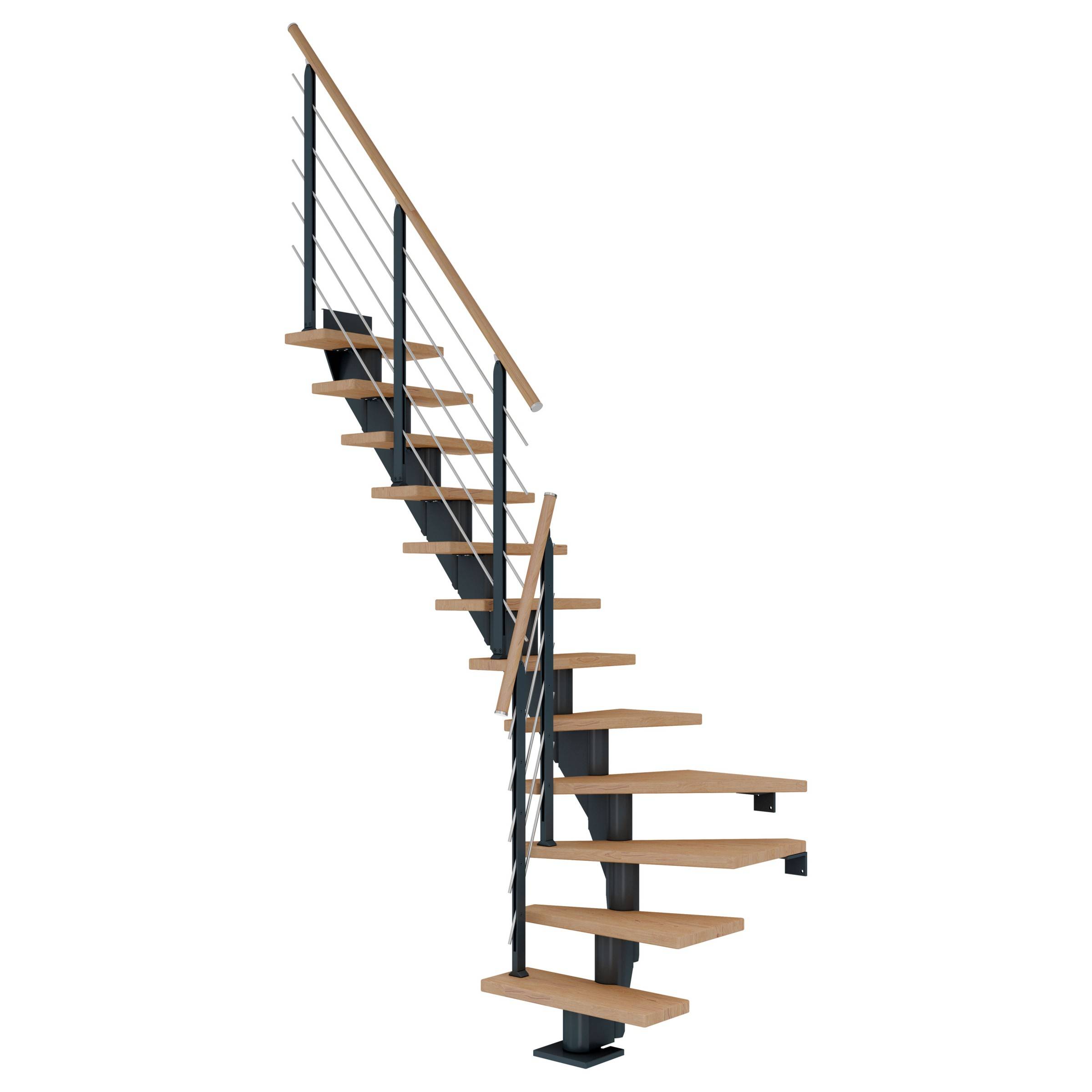 Dolle Mittelholmtreppe Frankfurt 1/4 gewendelt Eiche weiß, geölt 65 cm breit für GH 222 – 258 cm UK Metall Anthrazit mit Geländer