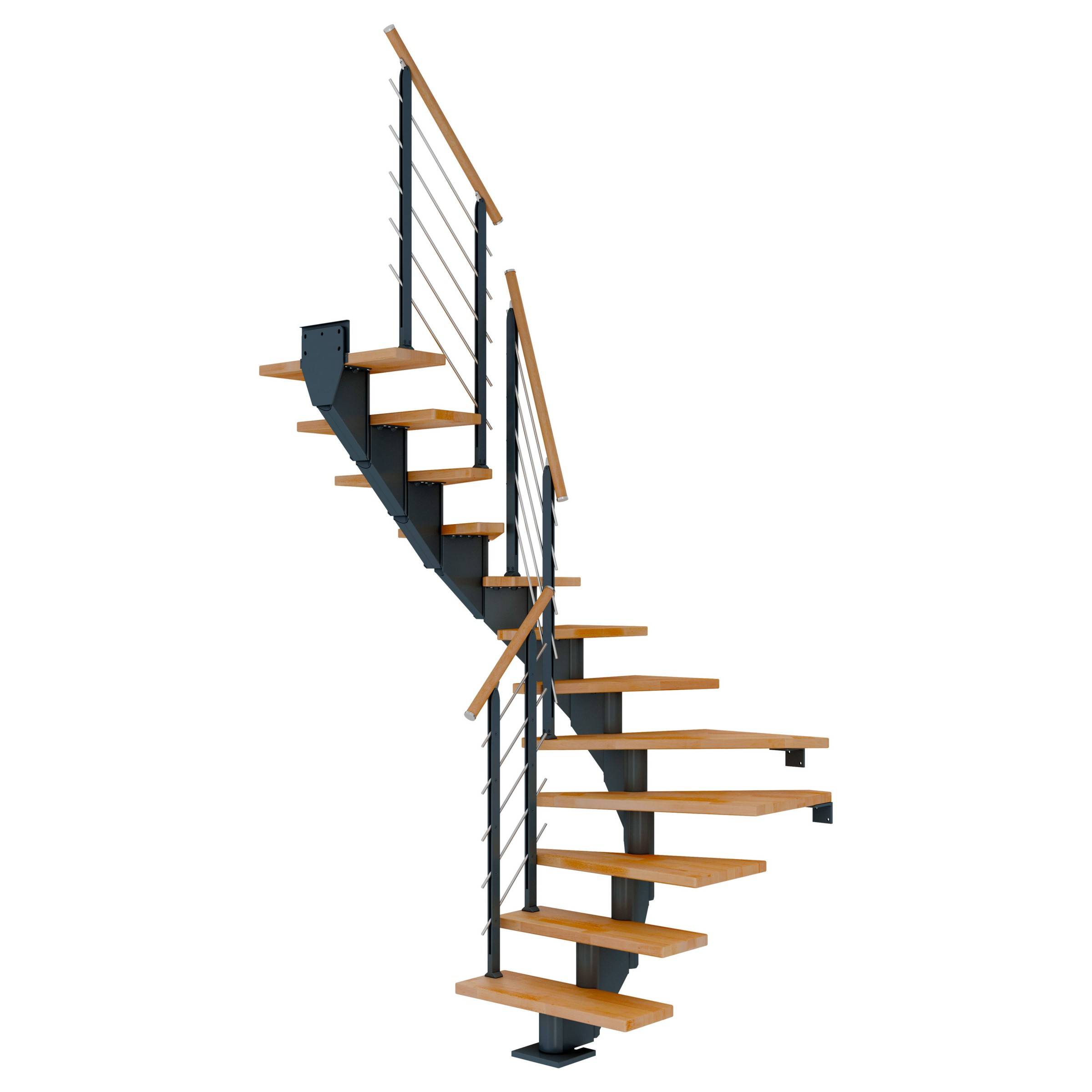 Dolle Mittelholmtreppe Hamburg 1/2 gewendelt Buche, geölt 75 cm breit für GH 240 – 279 cm UK Metall Anthrazit mit Geländer