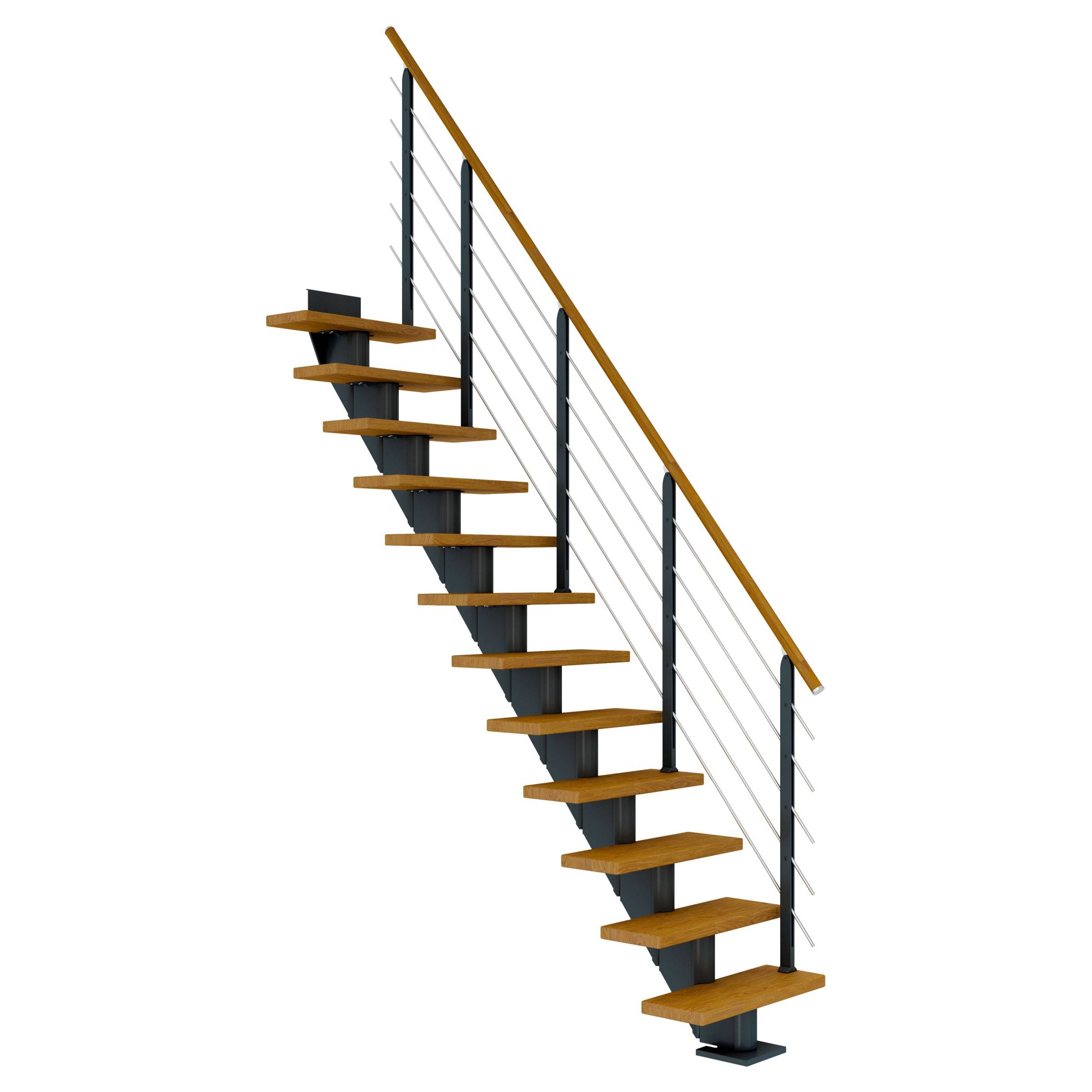 Dolle Mittelholmtreppe Frankfurt Gerade Eiche, geölt 75 cm breit für Geschosshöhen 222 – 258 cm UK Metall Anthrazit inkl. einseitigem Designgelä